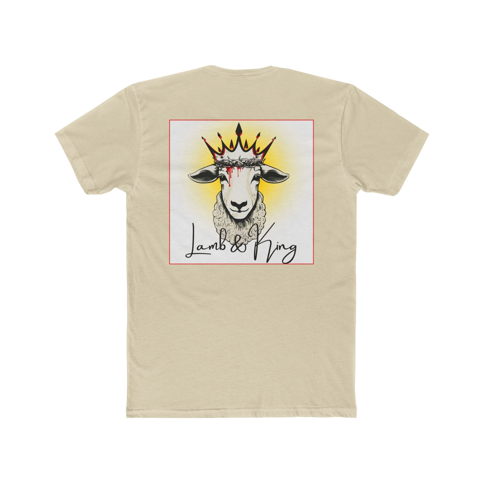 Back of Solid Cream Lamb & King T-shirt featuring an illustrated crowned lamb wearing a crown of thorns with blood drops and the Lamb & King logo.