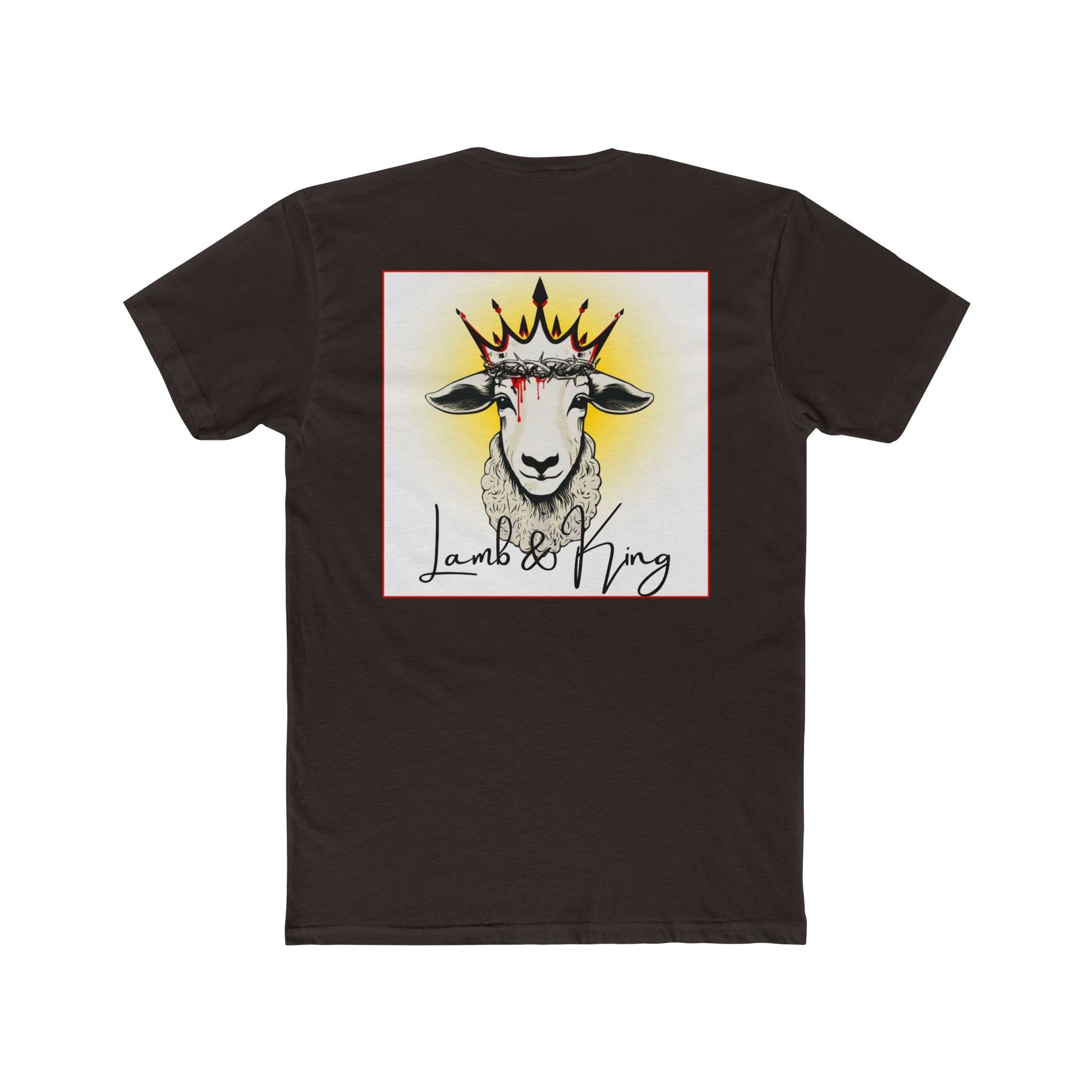 Back of Solid Dark Chocolate Lamb & King T-shirt featuring an illustrated crowned lamb wearing a crown of thorns with blood drops and the Lamb & King logo.