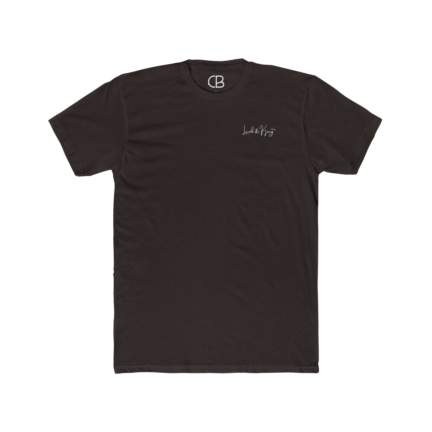 Front of Solid Dark Chocolate Lamb & King T-shirt featuring a minimalist Lamb & King logo printed on the left chest.