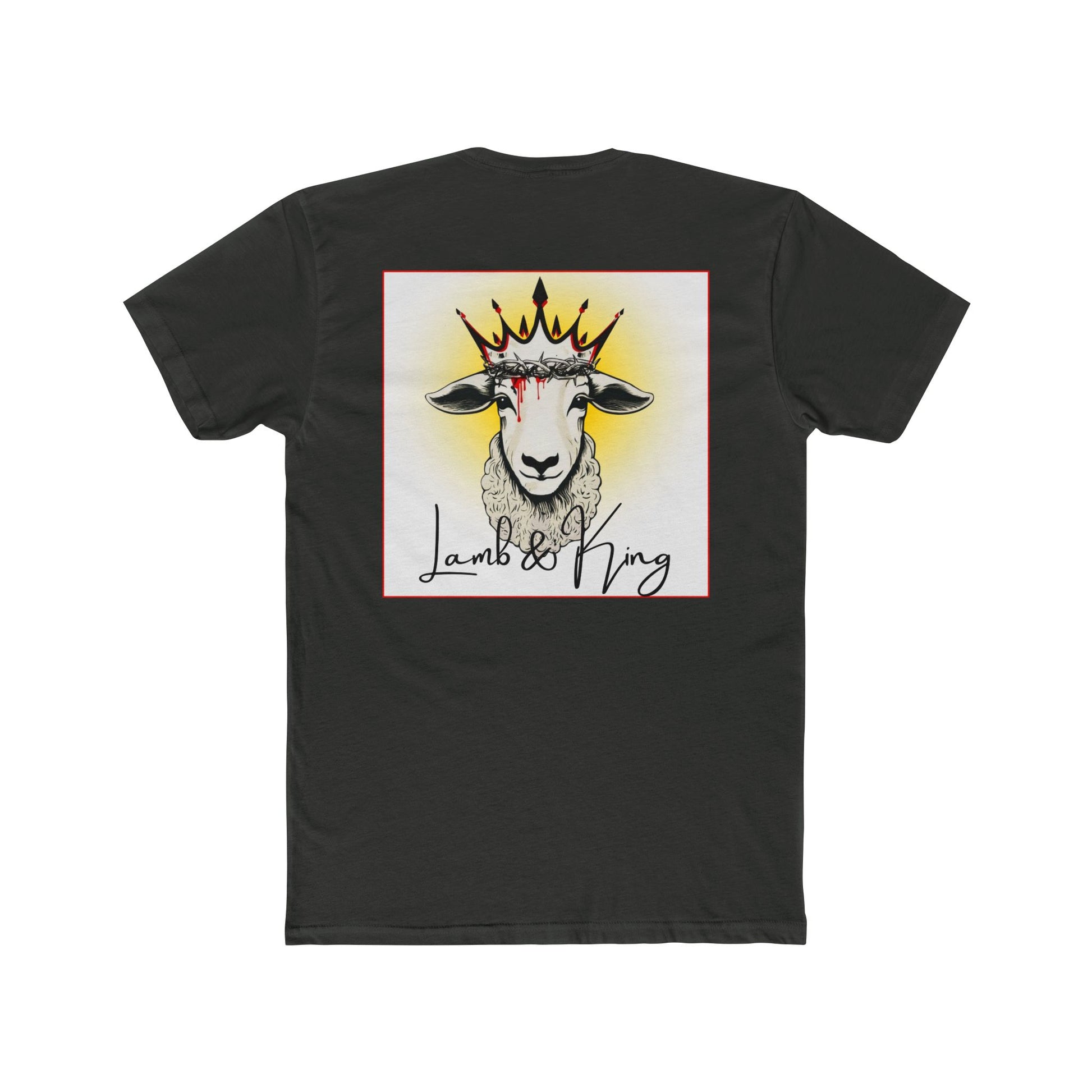 Back of Solid Heavy Metal Lamb & King T-shirt featuring an illustrated crowned lamb wearing a crown of thorns with blood drops and the Lamb & King logo.