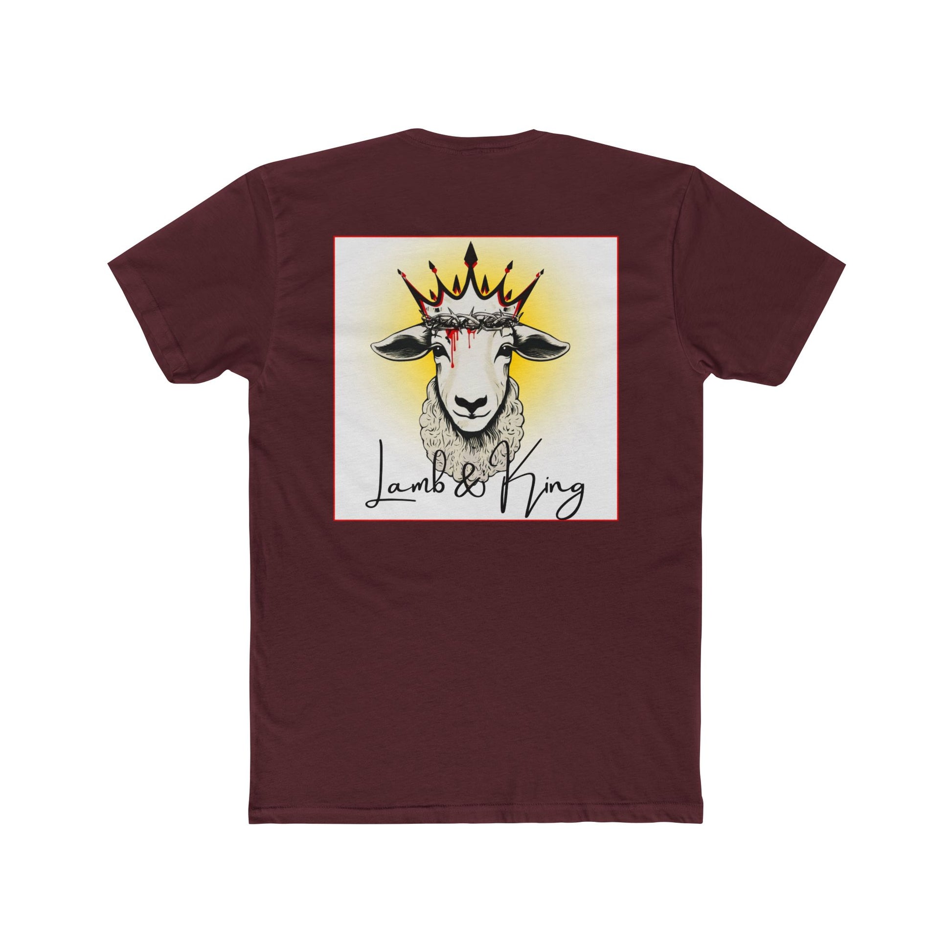 Back of Solid Maroon Lamb & King T-shirt featuring an illustrated crowned lamb wearing a crown of thorns with blood drops and the Lamb & King logo.