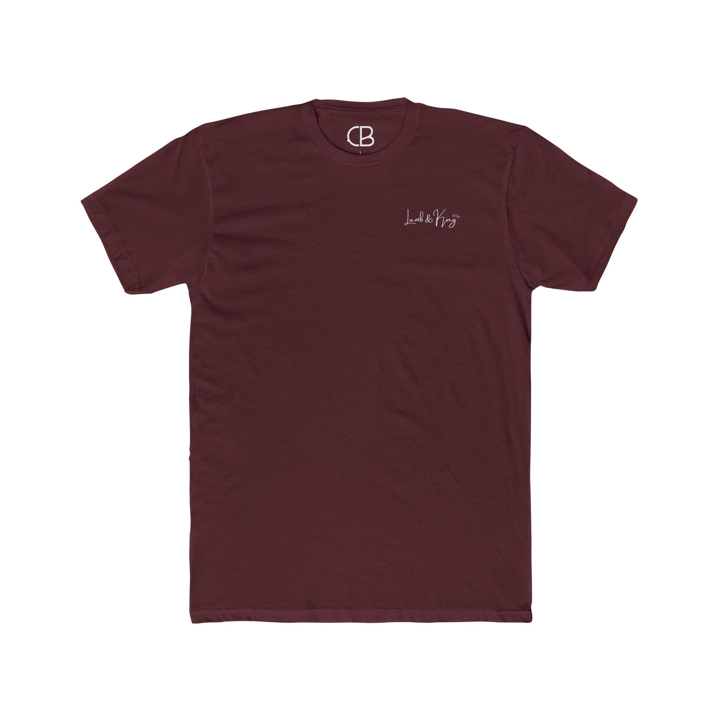 Front of Solid Maroon Lamb & King T-shirt featuring a minimalist Lamb & King logo printed on the left chest.