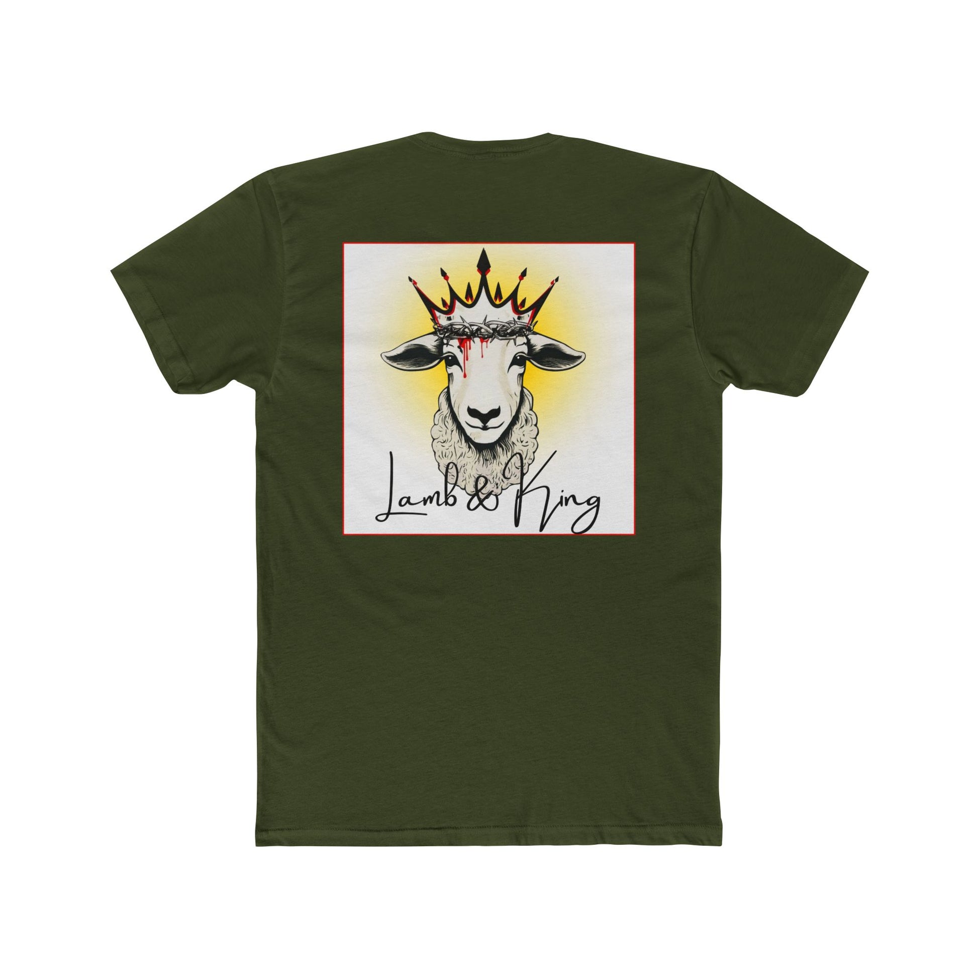 Back of Solid Military Green Lamb & King T-shirt featuring an illustrated crowned lamb wearing a crown of thorns with blood drops and the Lamb & King logo.