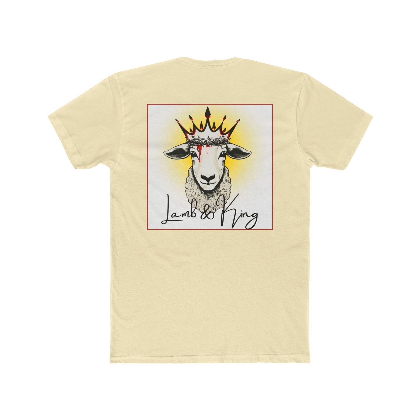 Back of Solid Natural Lamb & King T-shirt featuring an illustrated crowned lamb wearing a crown of thorns with blood drops and the Lamb & King logo.