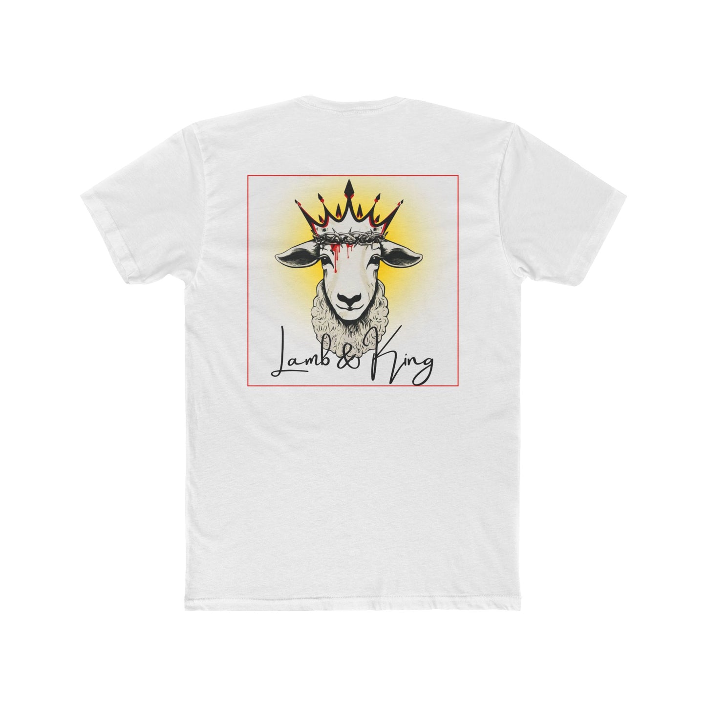 Back of Solid White Lamb & King T-shirt featuring an illustrated crowned lamb wearing a crown of thorns with blood drops and the Lamb & King logo.