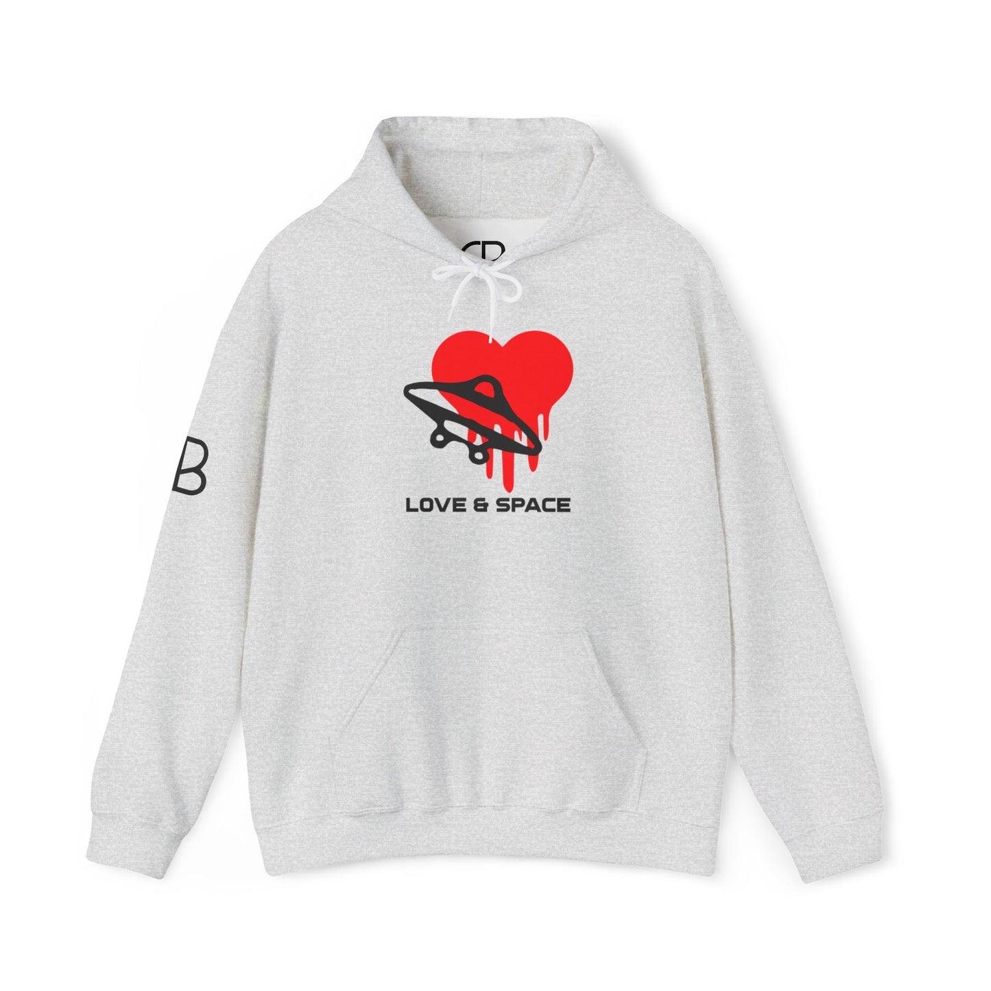 Ash Love & Space pullover hoodie featuring a red heart wrapped by a black UFO with the words "Love & Space" printed below on the front.