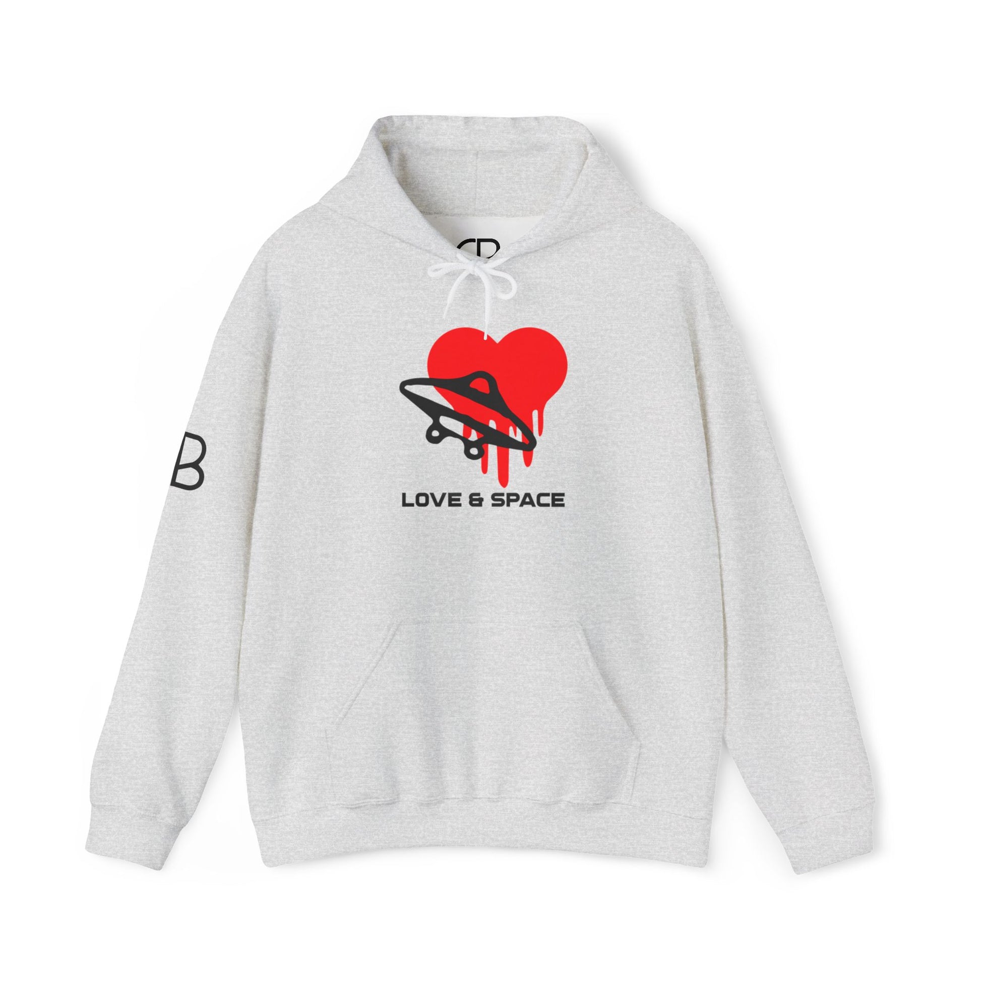 Ash Love & Space pullover hoodie featuring a red heart wrapped by a black UFO with the words "Love & Space" printed below on the front.