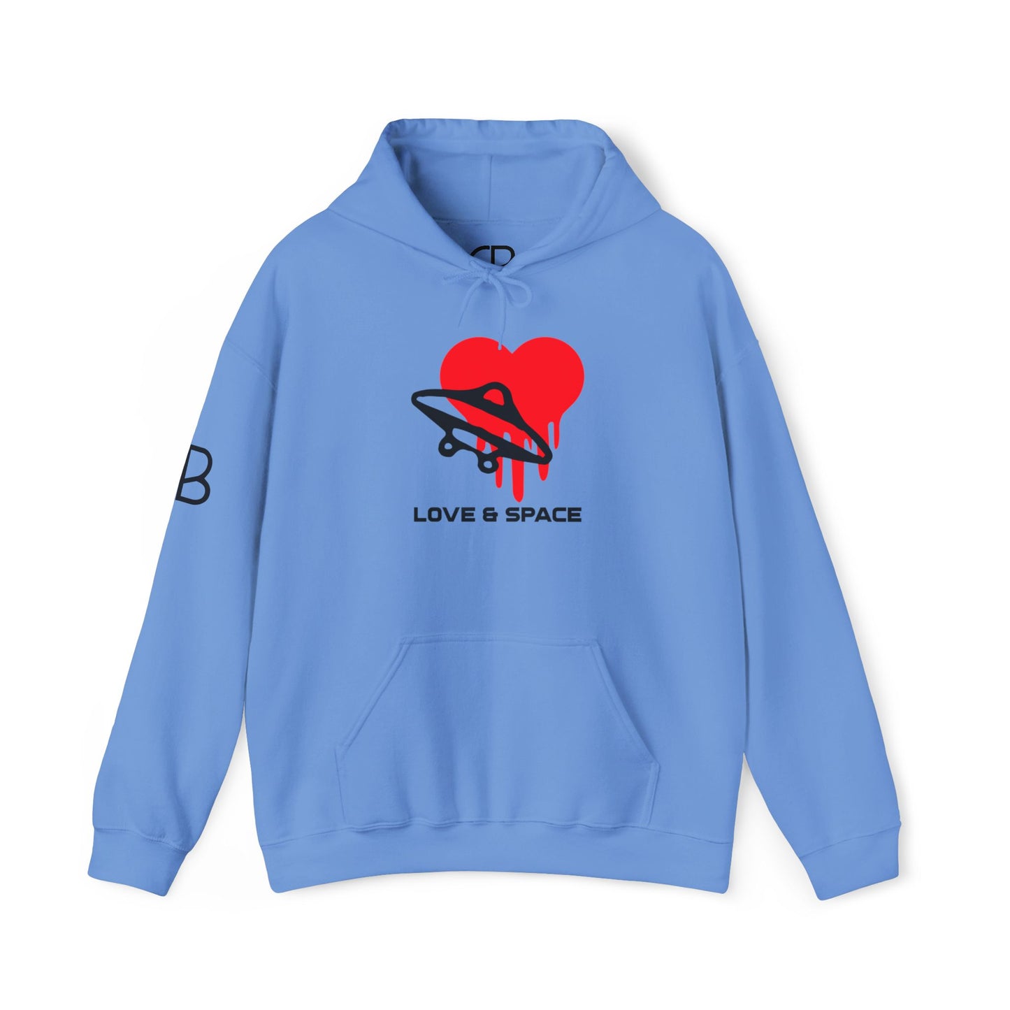 Carolina Blue Love & Space pullover hoodie featuring a red heart wrapped by a black UFO with the words "Love & Space" printed below on the front.