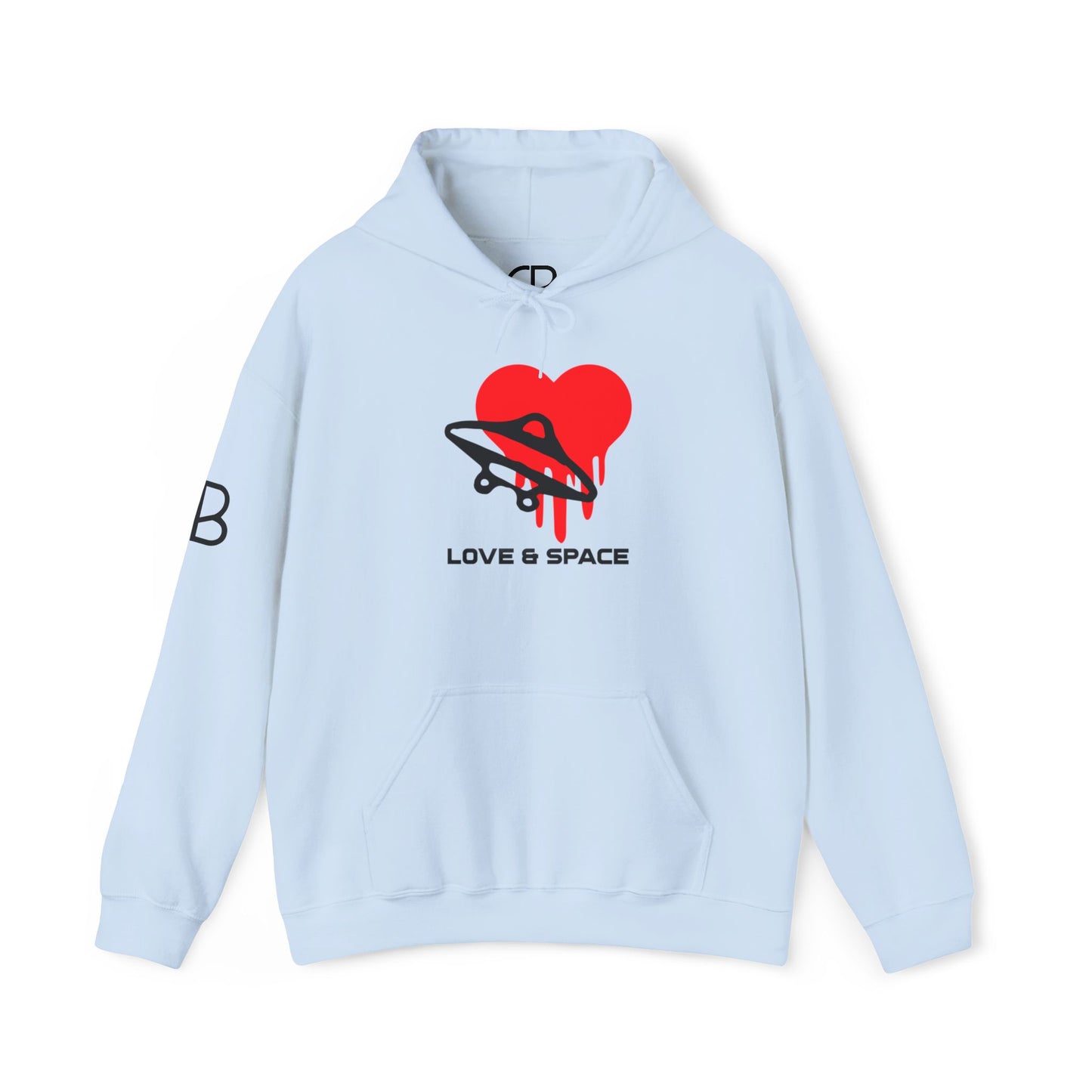 Light Blue Love & Space pullover hoodie featuring a red heart wrapped by a black UFO with the words "Love & Space" printed below on the front.
