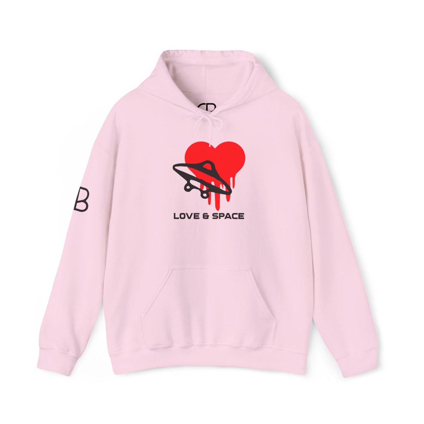 Light Pink Love & Space pullover hoodie featuring a red heart wrapped by a black UFO with the words "Love & Space" printed below on the front.