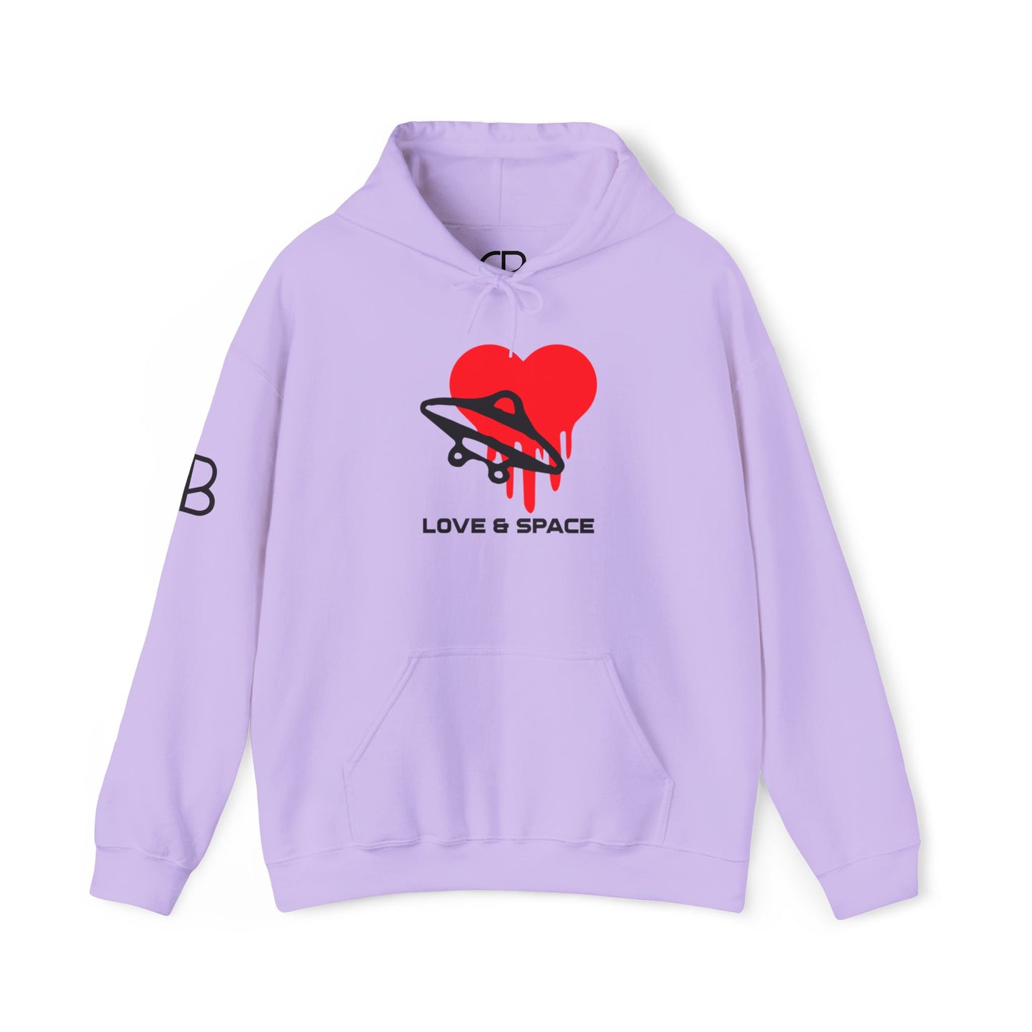 Orchid Love & Space pullover hoodie featuring a red heart wrapped by a black UFO with the words "Love & Space" printed below on the front.