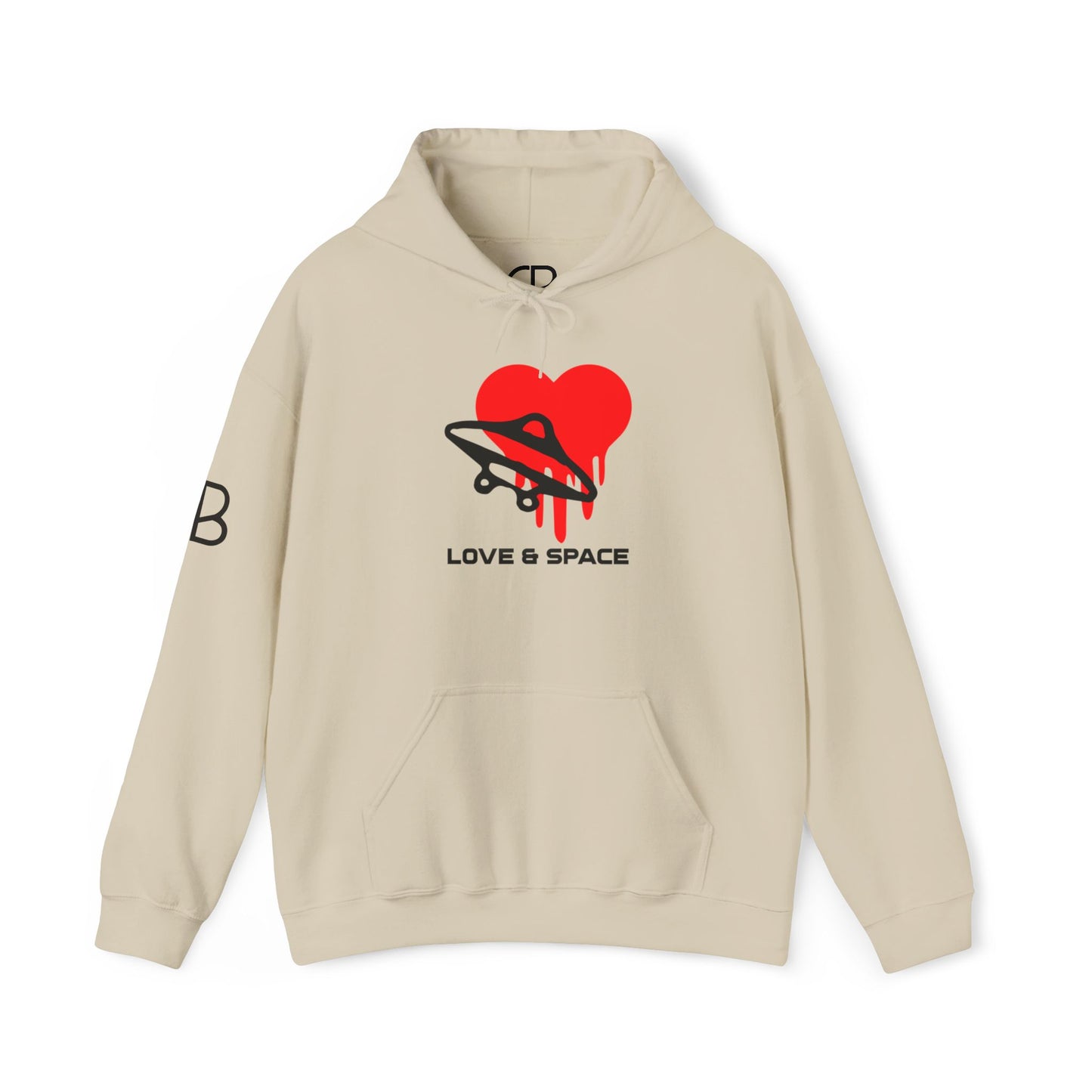 Sand Love & Space pullover hoodie featuring a red heart wrapped by a black UFO with the words "Love & Space" printed below on the front.