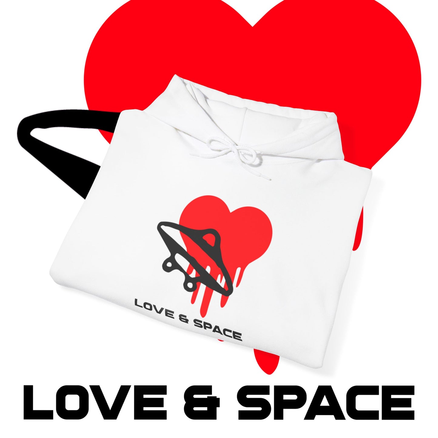 Folded White Love & Space pullover hoodie featuring a red heart wrapped by a black UFO with the words "Love & Space" printed below.