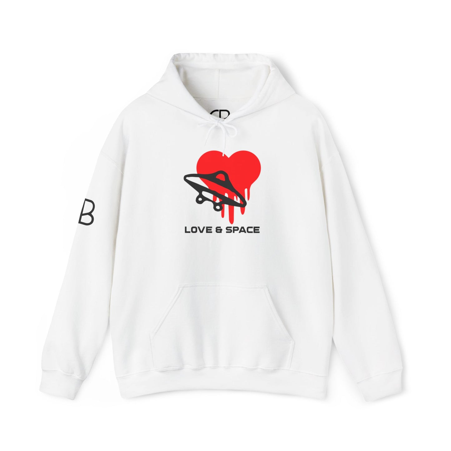 White Love & Space pullover hoodie featuring a red heart wrapped by a black UFO with the words "Love & Space" printed below on the front.