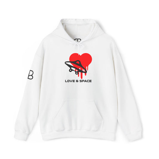 White Love & Space pullover hoodie featuring a red heart wrapped by a black UFO with the words "Love & Space" printed below on the front.