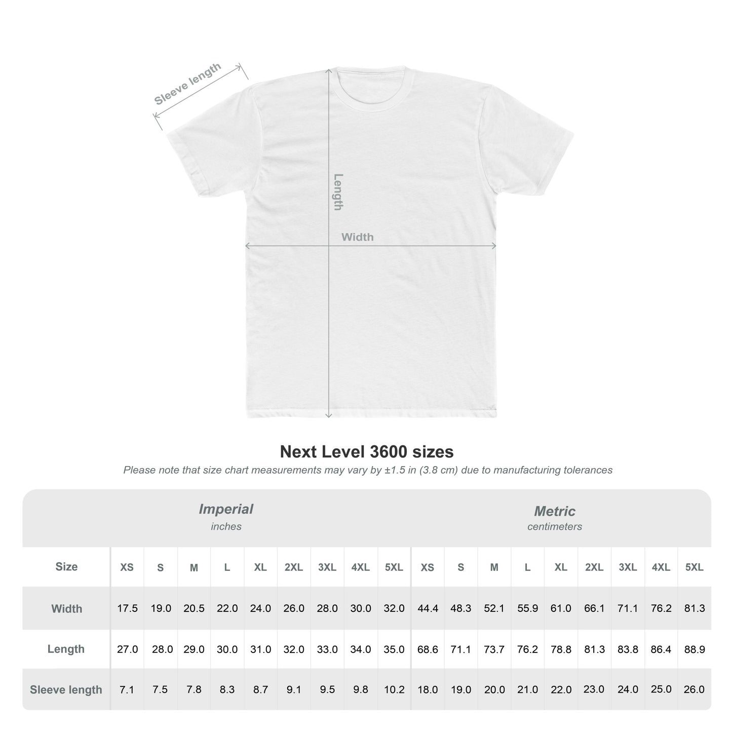 Next Level 3600 T-shirt size chart showing width, length, and sleeve measurements in inches and centimeters.