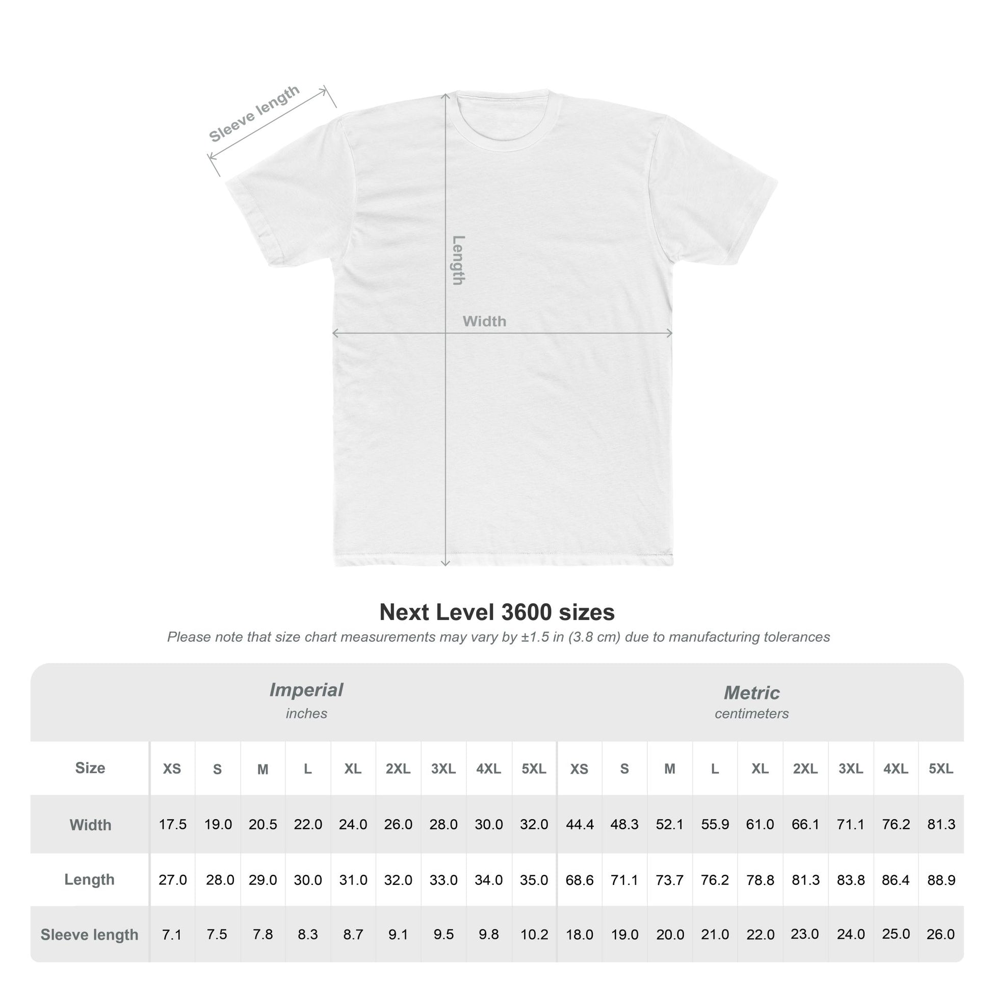 Next Level 3600 T-shirt size chart showing width, length, and sleeve measurements in inches and centimeters.