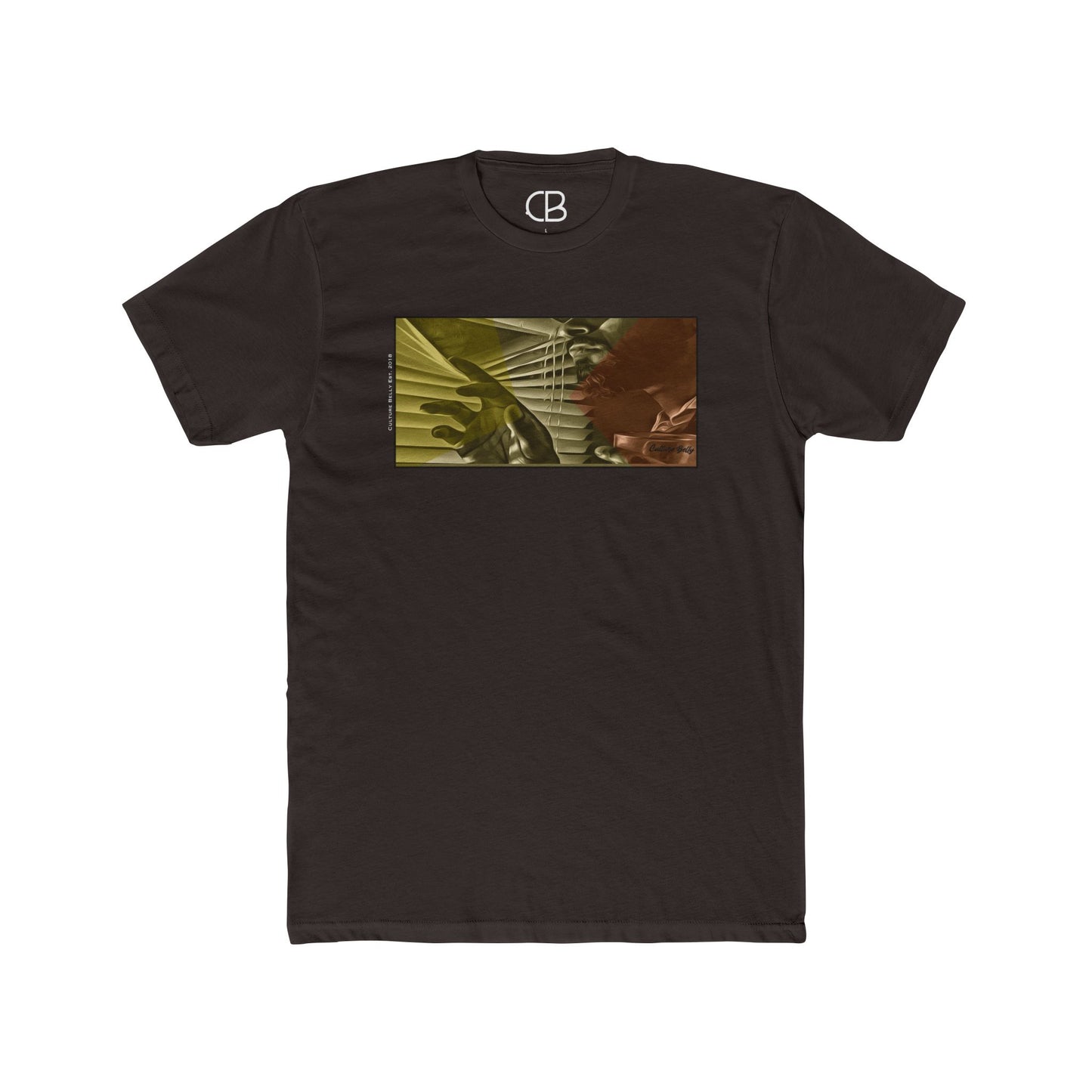 Solid Dark Chocolate Noir Lookout T-shirt featuring a cinematic violin and hand graphic in warm gold and brown tones on the front.