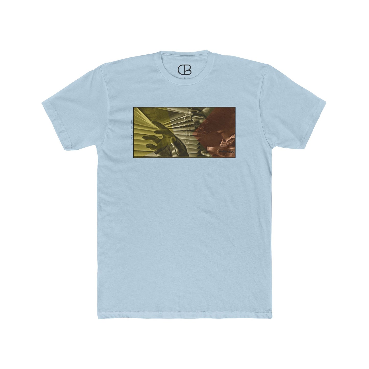 Solid Light Blue Noir Lookout T-shirt featuring a cinematic violin and hand graphic in warm gold and brown tones on the front.