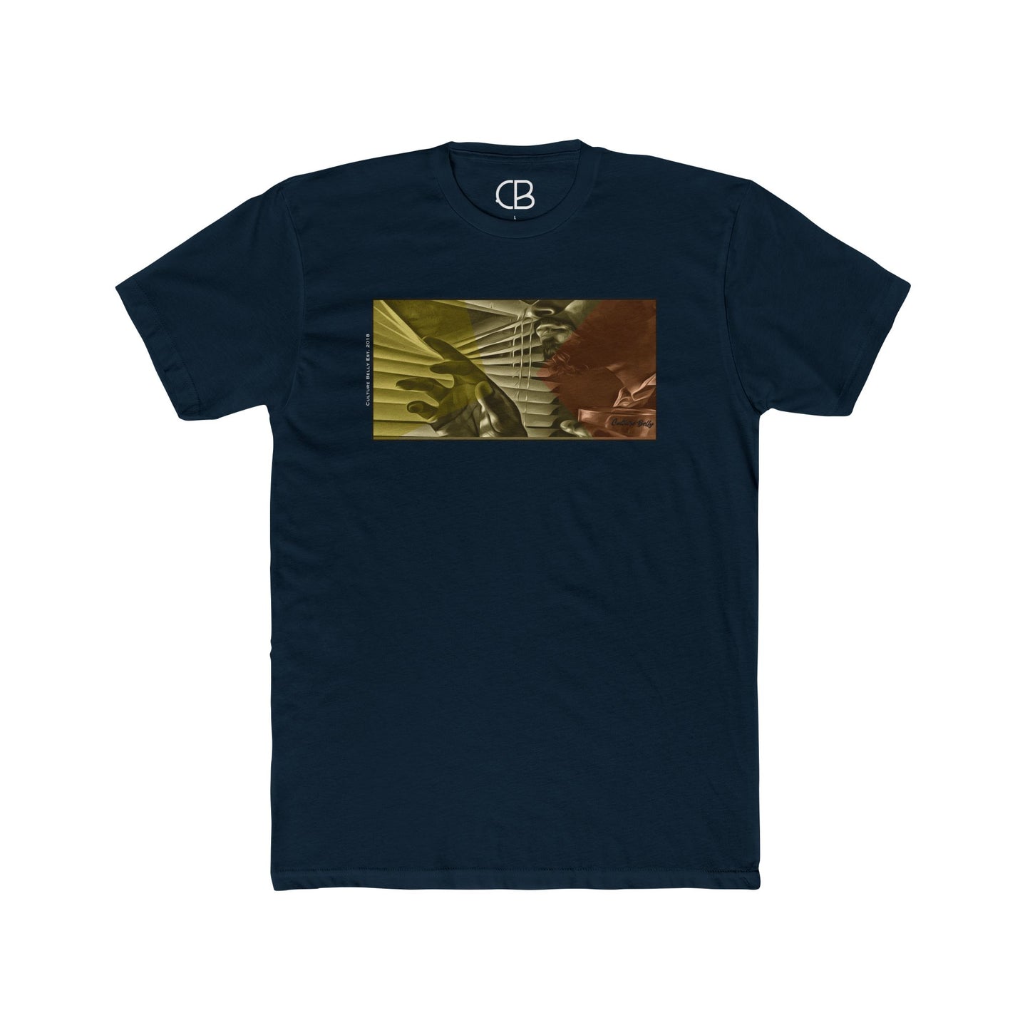 Solid Midnight Navy Noir Lookout T-shirt featuring a cinematic violin and hand graphic in warm gold and brown tones on the front.