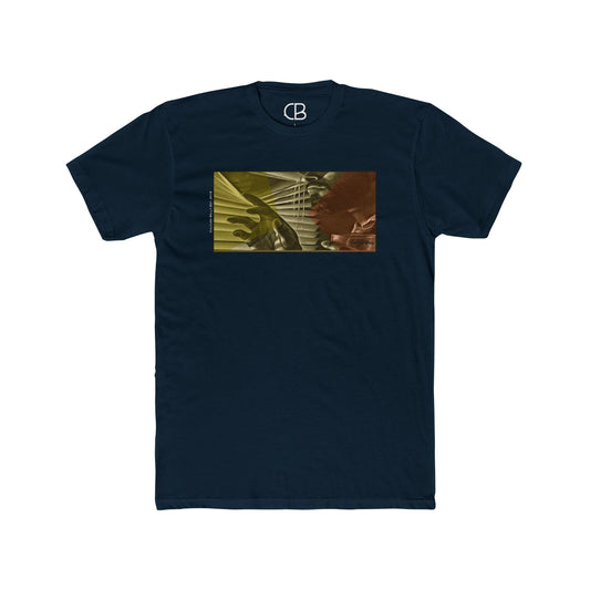 Solid Midnight Navy Noir Lookout T-shirt featuring a cinematic violin and hand graphic in warm gold and brown tones on the front.