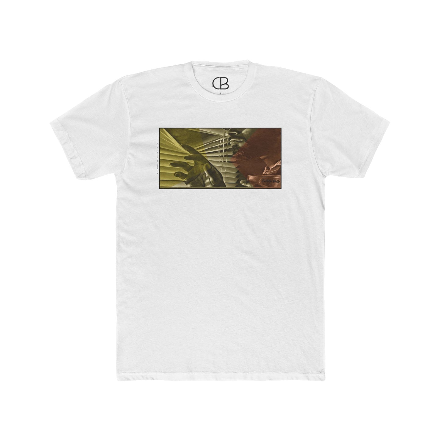 Solid White Noir Lookout T-shirt featuring a cinematic violin and hand graphic in warm gold and brown tones on the front.