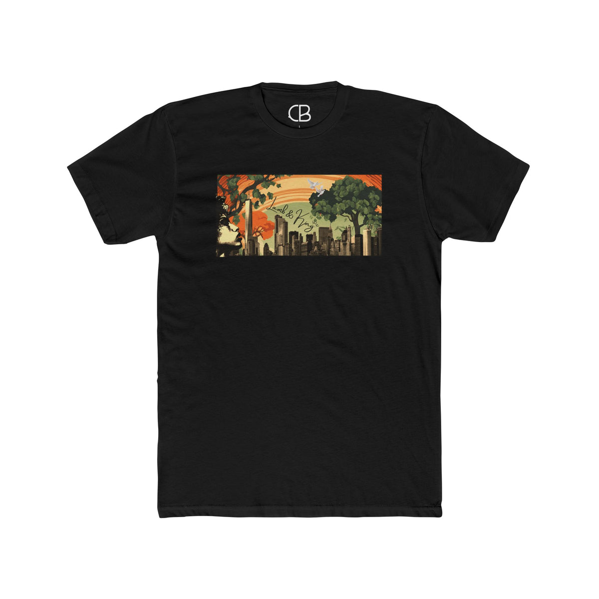 Solid Black NYC in Bloom T-shirt featuring a vibrant New York City skyline with blooming trees and a warm sunset illustration on the front.