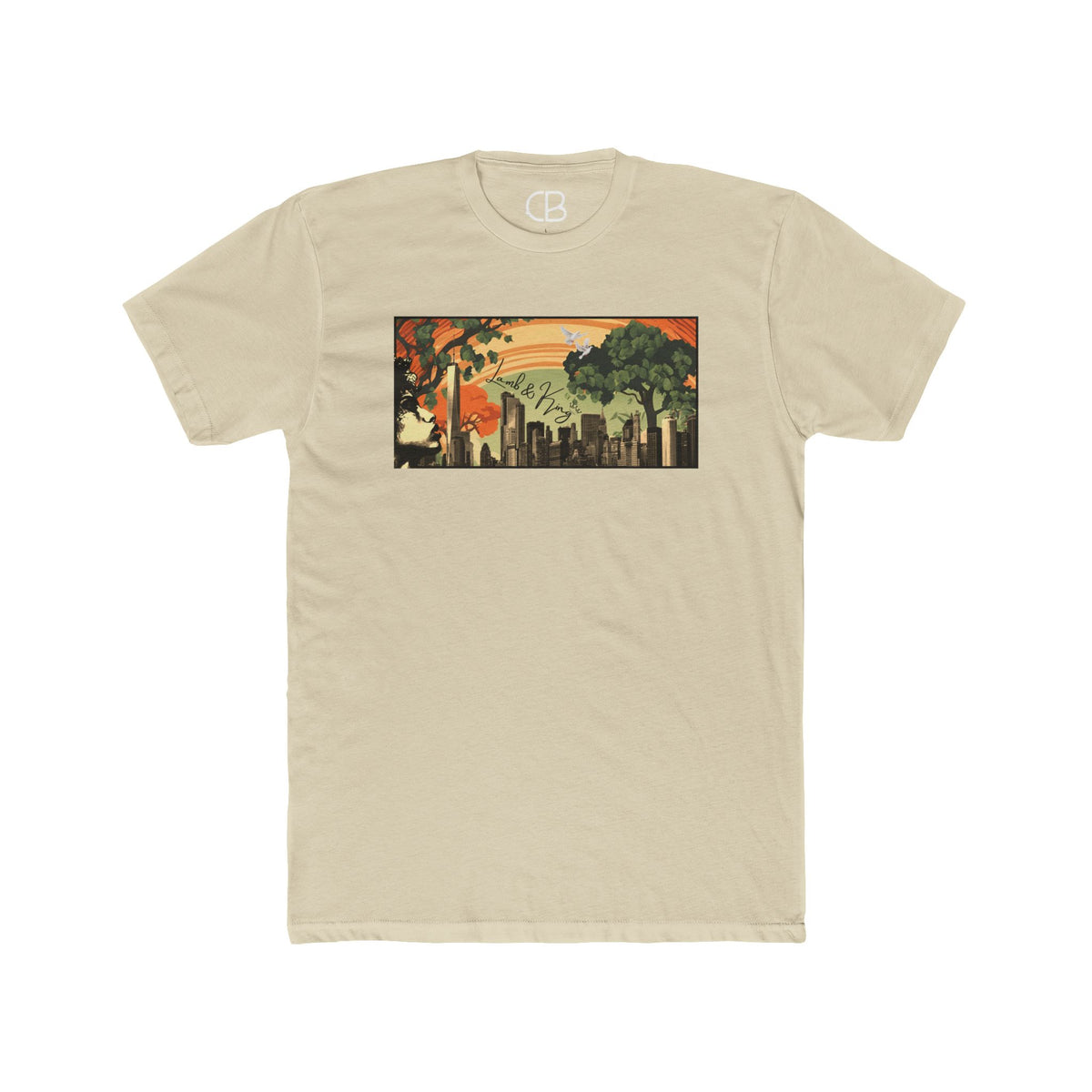 Solid Cream NYC in Bloom T-shirt featuring a vibrant New York City skyline with blooming trees and a warm sunset illustration on the front.