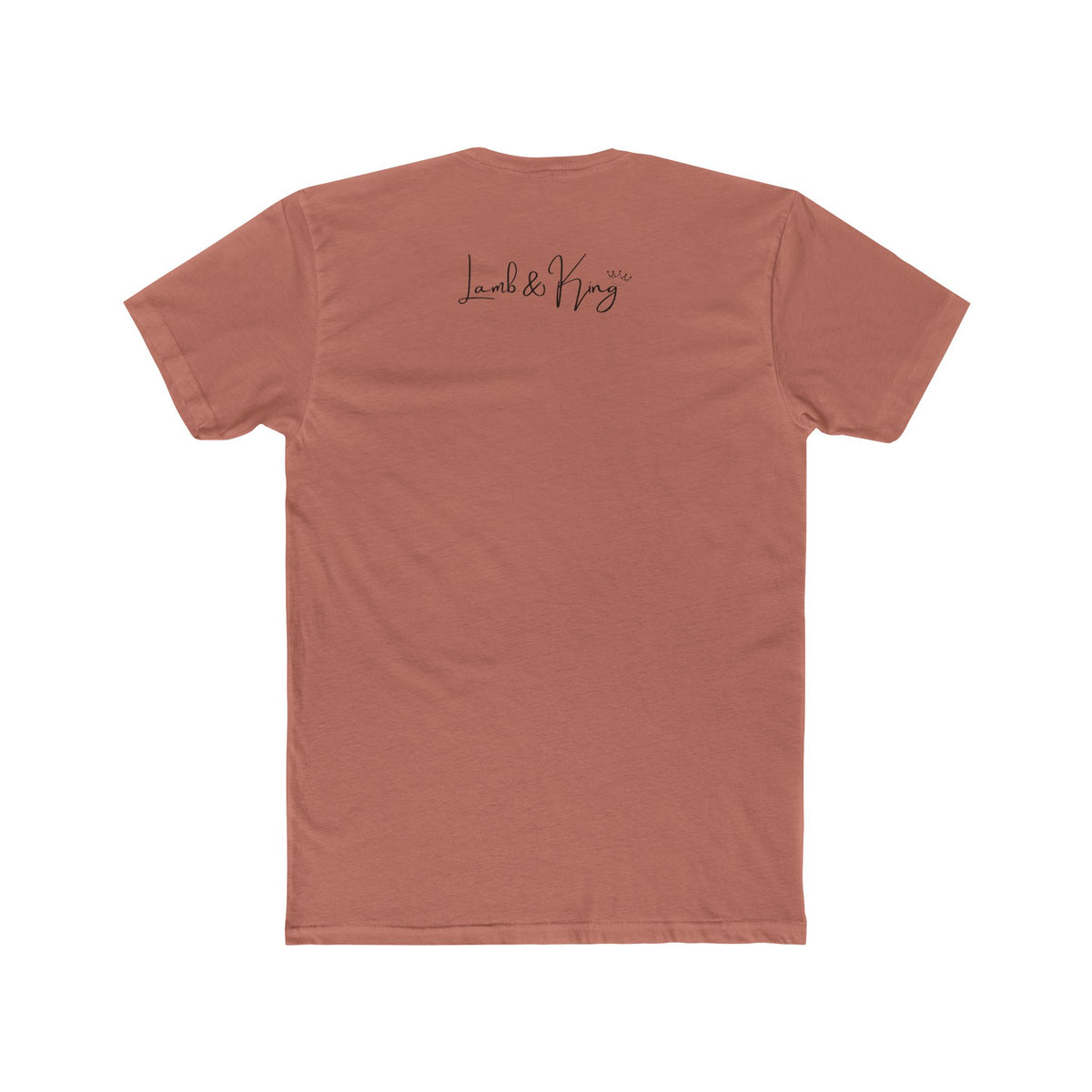 Solid Desert Pink NYC in Bloom T-shirt shown from the back featuring the Lamb & King script logo centered below the collar.