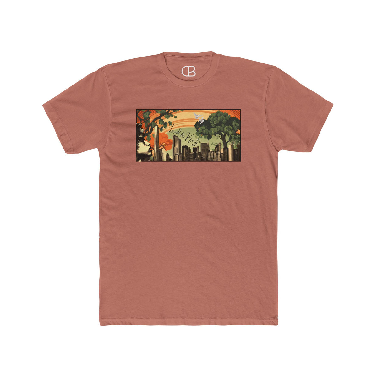 Solid Desert Pink NYC in Bloom T-shirt featuring a vibrant New York City skyline with blooming trees and a warm sunset illustration on the front.