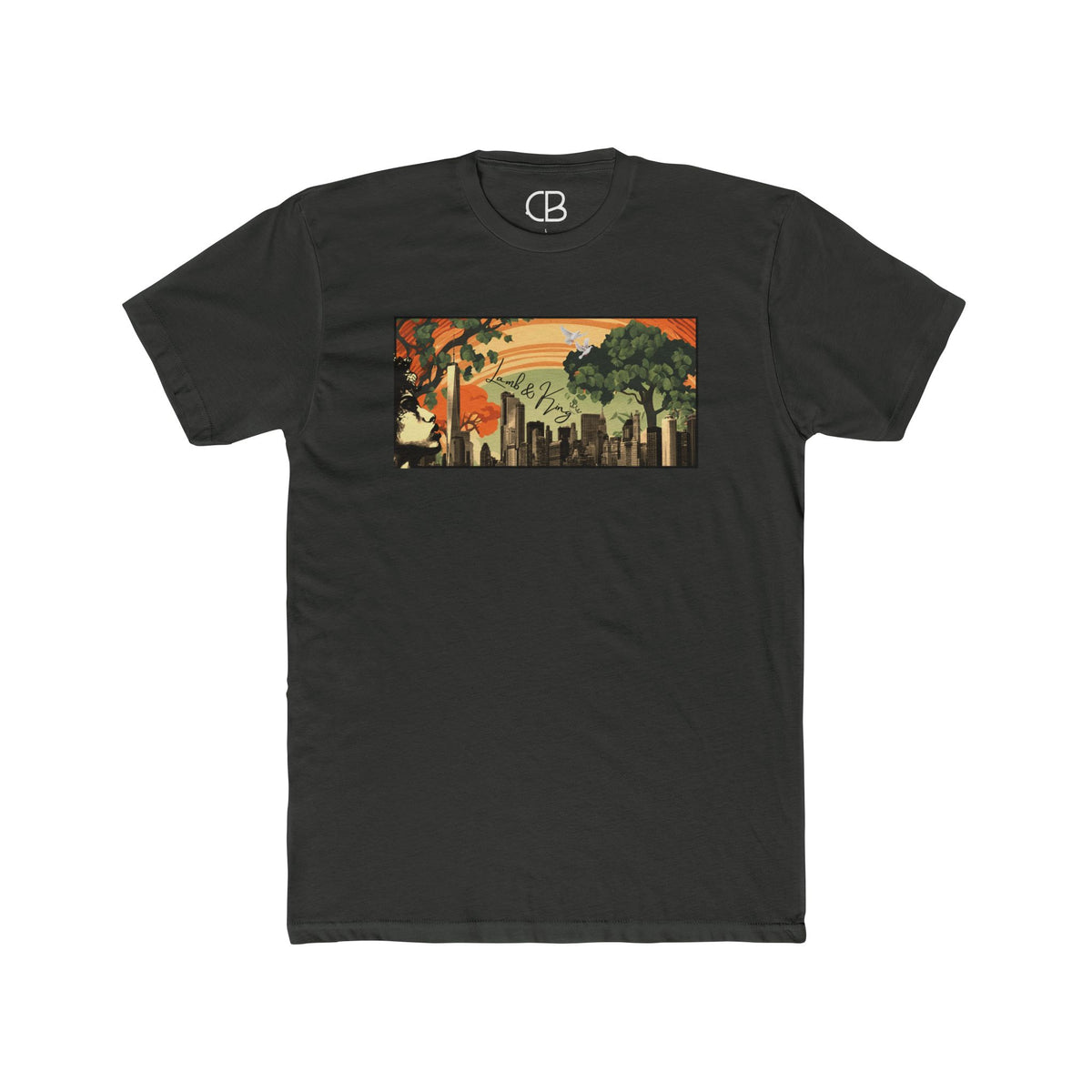 Solid Heavy Metal NYC in Bloom T-shirt featuring a vibrant New York City skyline with blooming trees and a warm sunset illustration on the front.