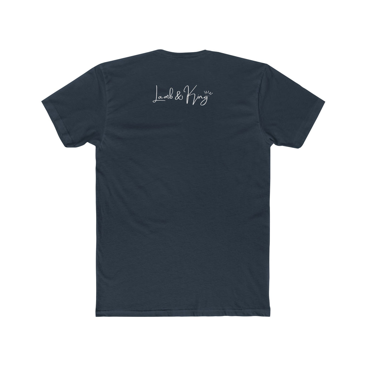Solid Indigo NYC in Bloom T-shirt shown from the back featuring the Lamb & King script logo centered below the collar.