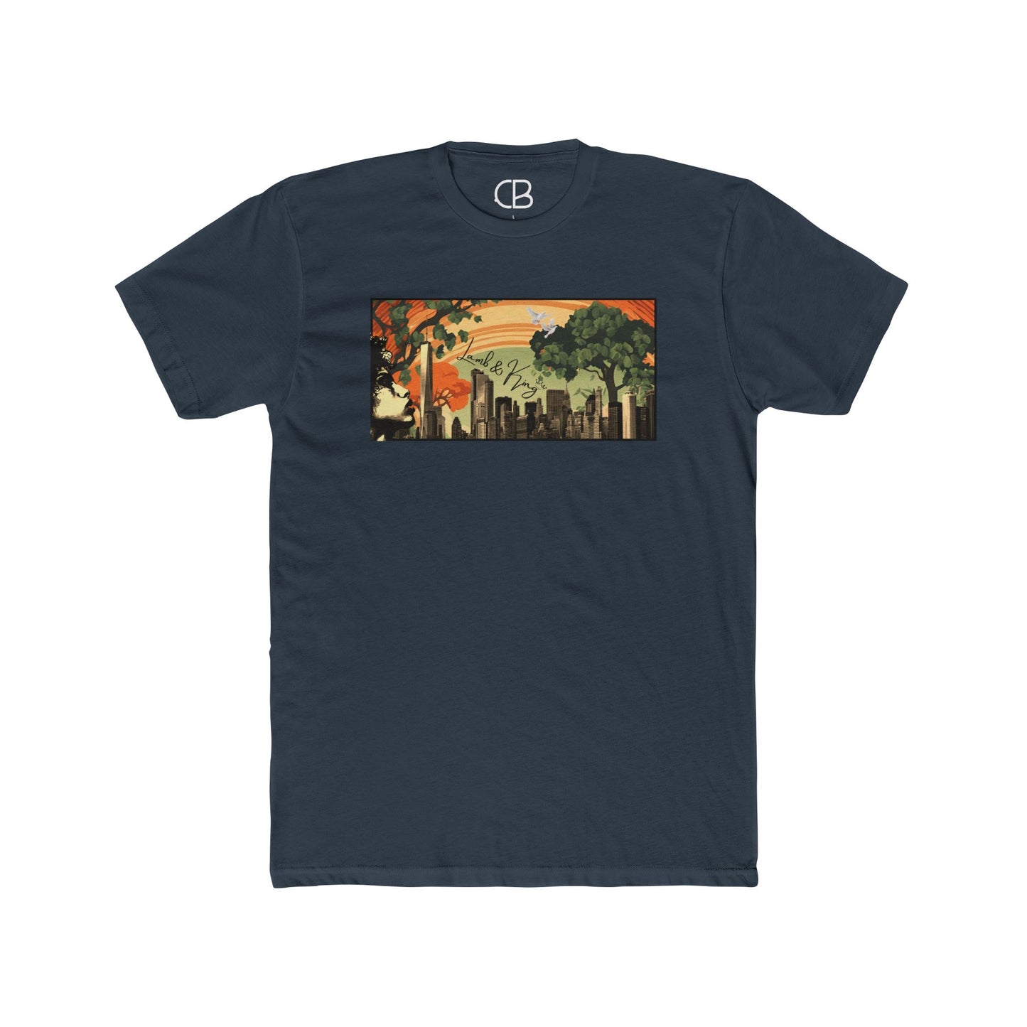Solid Indigo NYC in Bloom T-shirt featuring a vibrant New York City skyline with blooming trees and a warm sunset illustration on the front.