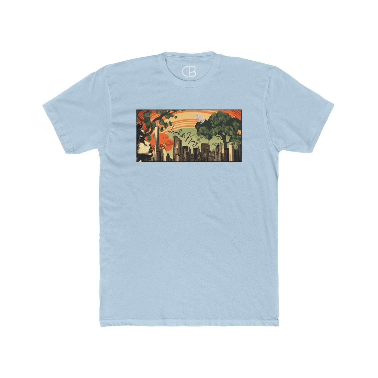 Solid Light Blue NYC in Bloom T-shirt featuring a vibrant New York City skyline with blooming trees and a warm sunset illustration on the front.