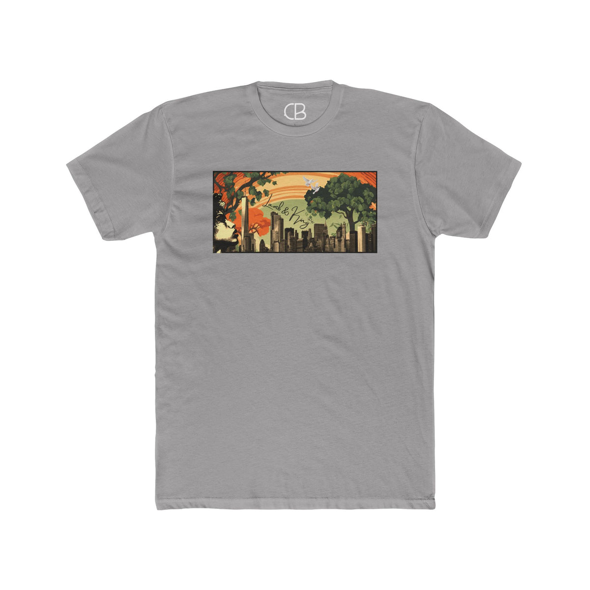 Solid Light Grey NYC in Bloom T-shirt featuring a vibrant New York City skyline with blooming trees and a warm sunset illustration on the front.
