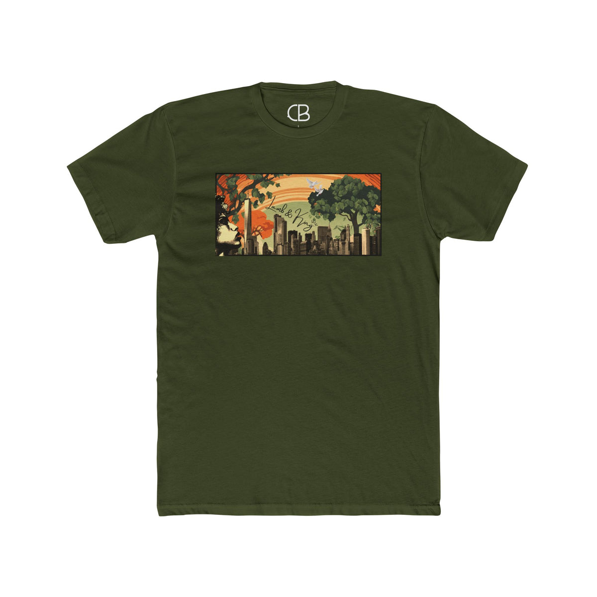 Solid Military Green NYC in Bloom T-shirt featuring a vibrant New York City skyline with blooming trees and a warm sunset illustration on the front.
