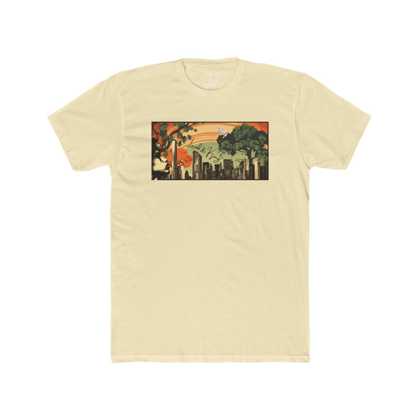 Solid Natural NYC in Bloom T-shirt featuring a vibrant New York City skyline with blooming trees and a warm sunset illustration on the front.