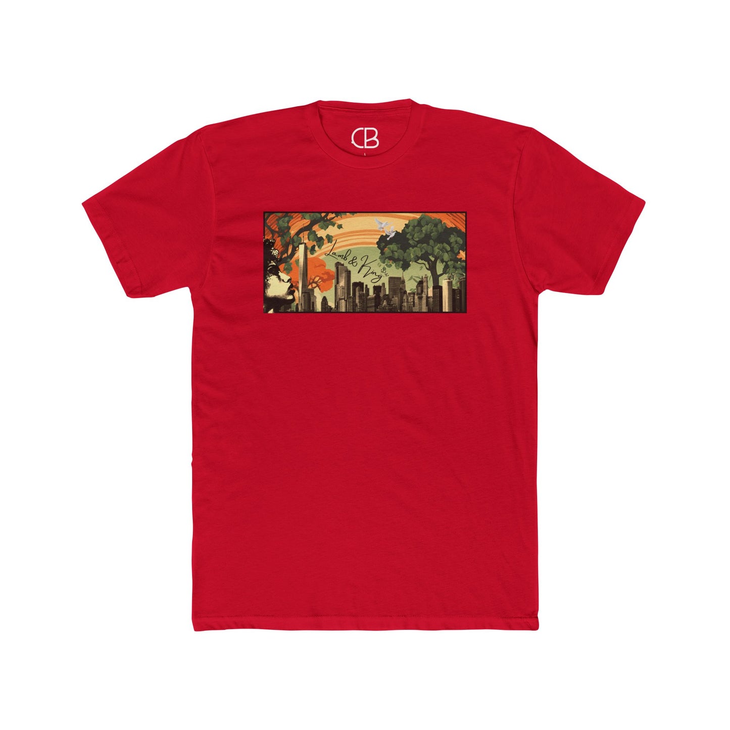 Solid Red NYC in Bloom T-shirt featuring a vibrant New York City skyline with blooming trees and a warm sunset illustration on the front.