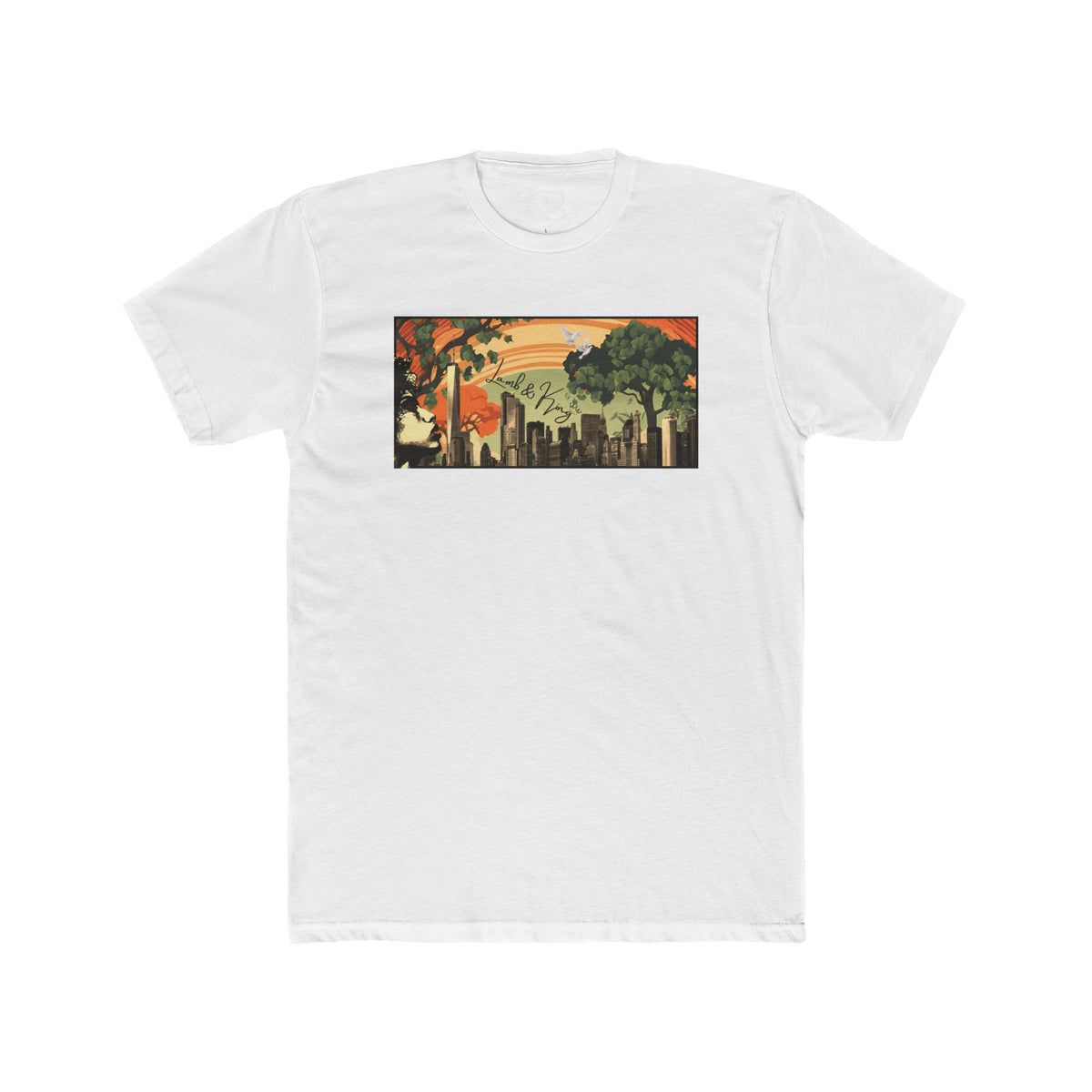 Solid White NYC in Bloom T-shirt featuring a vibrant New York City skyline with blooming trees and a warm sunset illustration on the front.