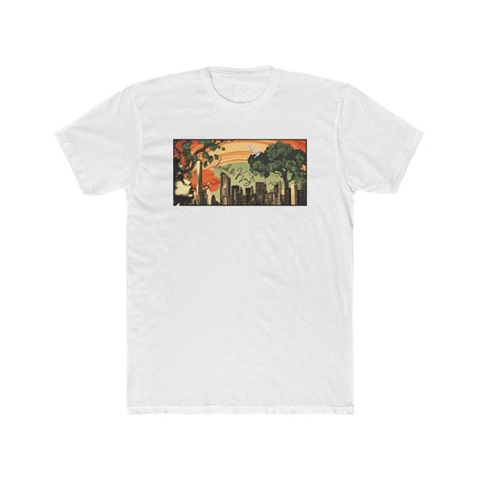 Solid White NYC in Bloom T-shirt featuring a vibrant New York City skyline with blooming trees and a warm sunset illustration on the front.