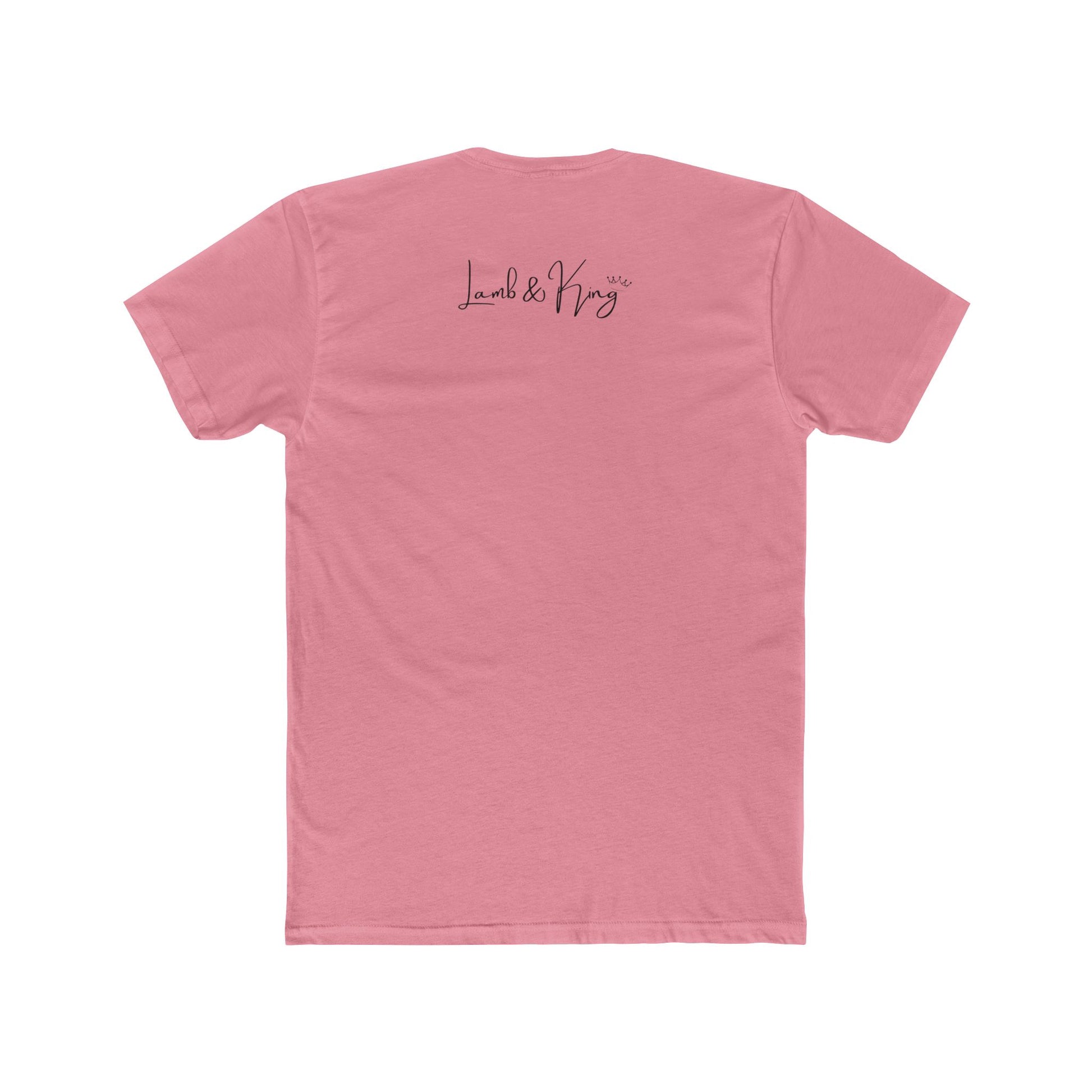 Back of solid light pink Christian T-shirt with the Lamb & King logo by Culture Belly.
