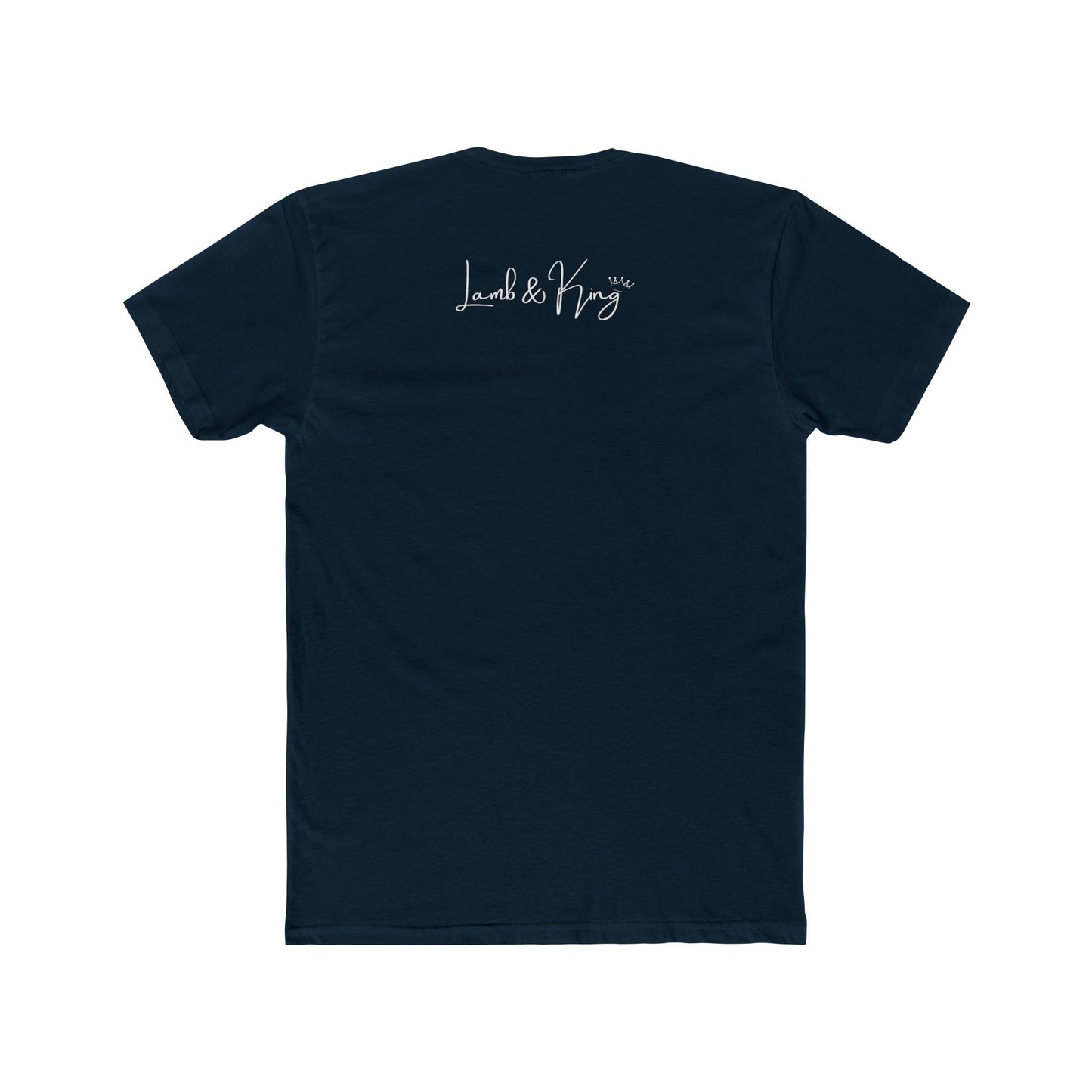 Back of solid midnight navy Christian T-shirt with the Lamb & King logo by Culture Belly.