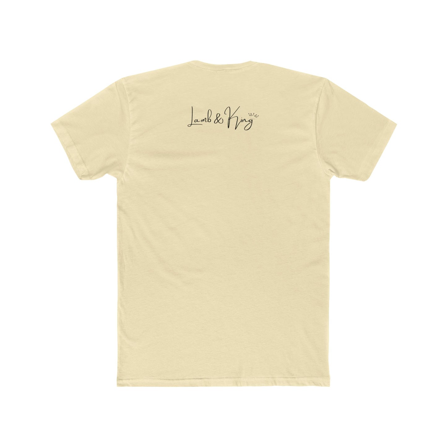 Back of solid natural Christian T-shirt with the Lamb & King logo by Culture Belly.