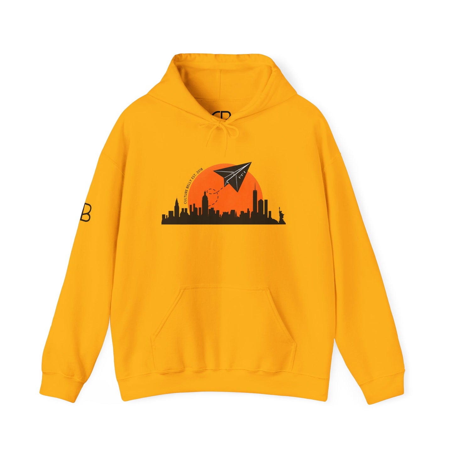Gold pullover hoodie featuring the Paper Planes graphic with the New York City skyline, orange sunset, and paper airplane on the front.