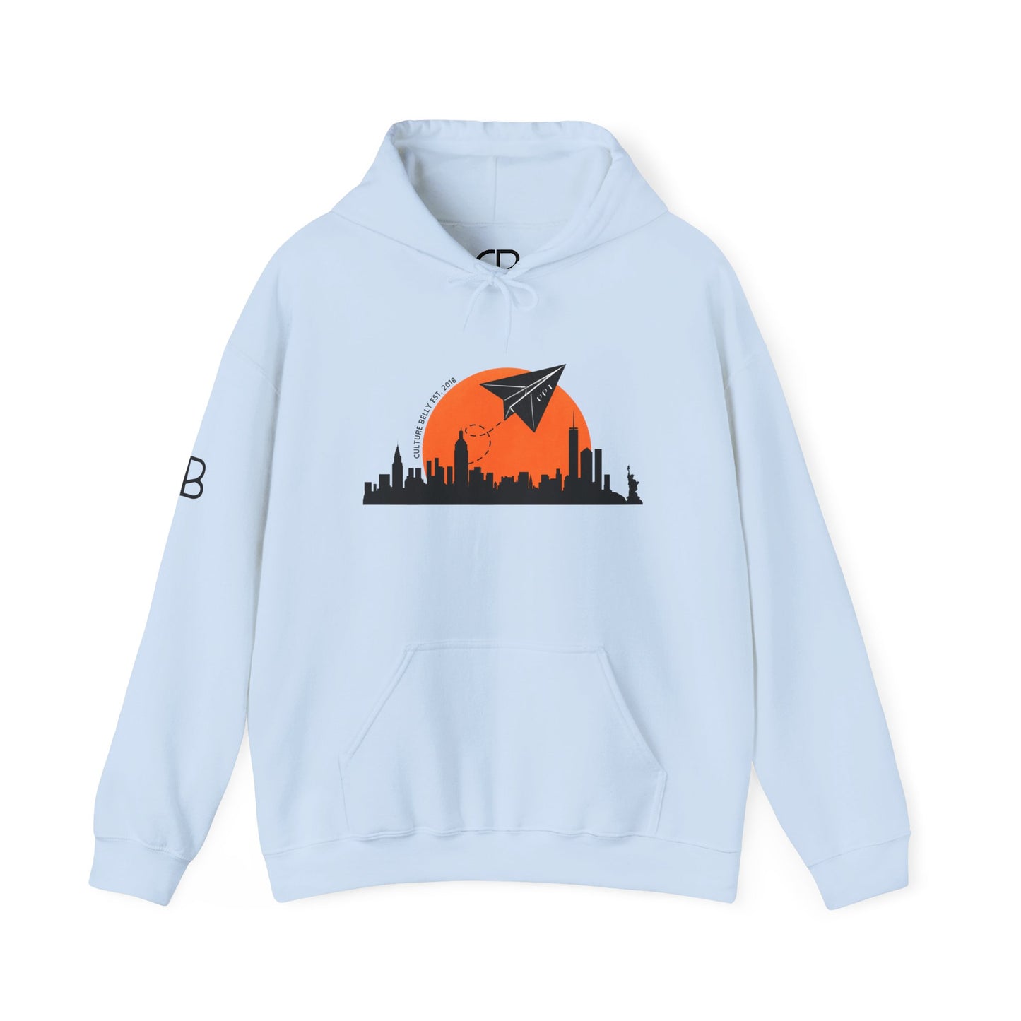 Light Blue pullover hoodie featuring the Paper Planes graphic with the New York City skyline, orange sunset, and paper airplane on the front.