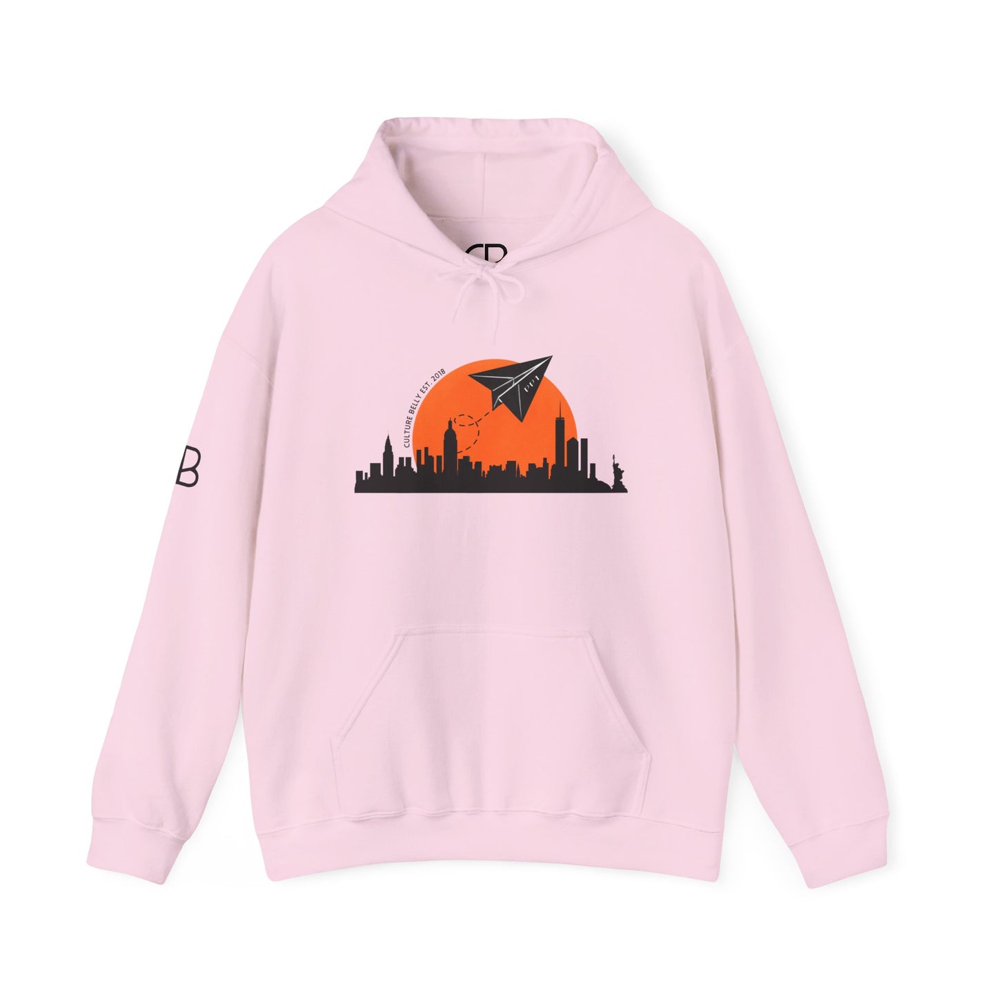 Light Pink pullover hoodie featuring the Paper Planes graphic with the New York City skyline, orange sunset, and paper airplane on the front.
