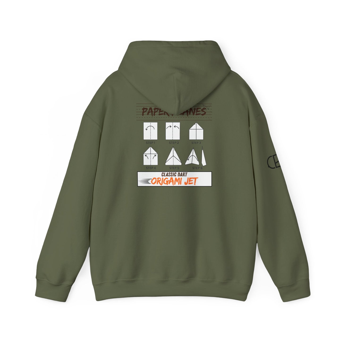 Military Green pullover hoodie featuring the Paper Planes folding guide graphic with paper airplane instructions, New York City-inspired "Origami Jet" artwork, and a CB logo on the sleeve.