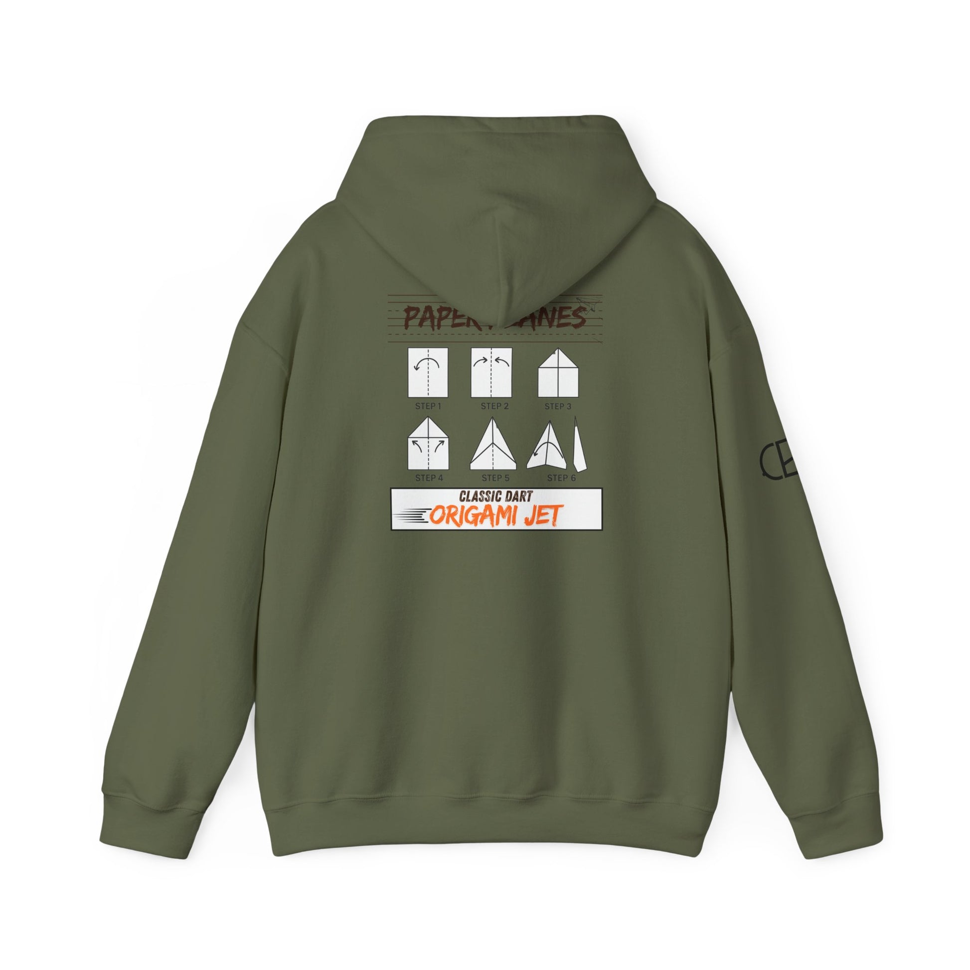 Military Green pullover hoodie featuring the Paper Planes folding guide graphic with paper airplane instructions, New York City-inspired "Origami Jet" artwork, and a CB logo on the sleeve.