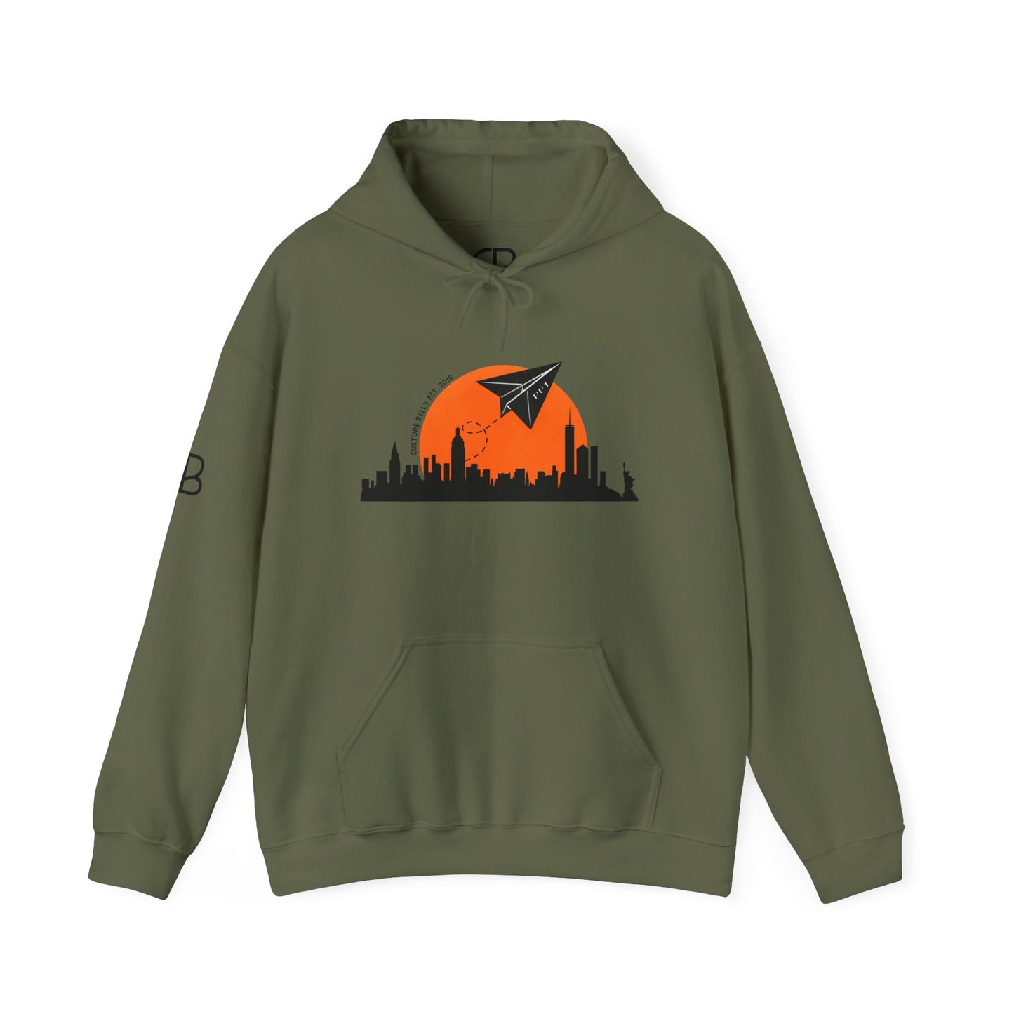 Military Green pullover hoodie featuring the Paper Planes graphic with the New York City skyline, orange sunset, and paper airplane on the front.