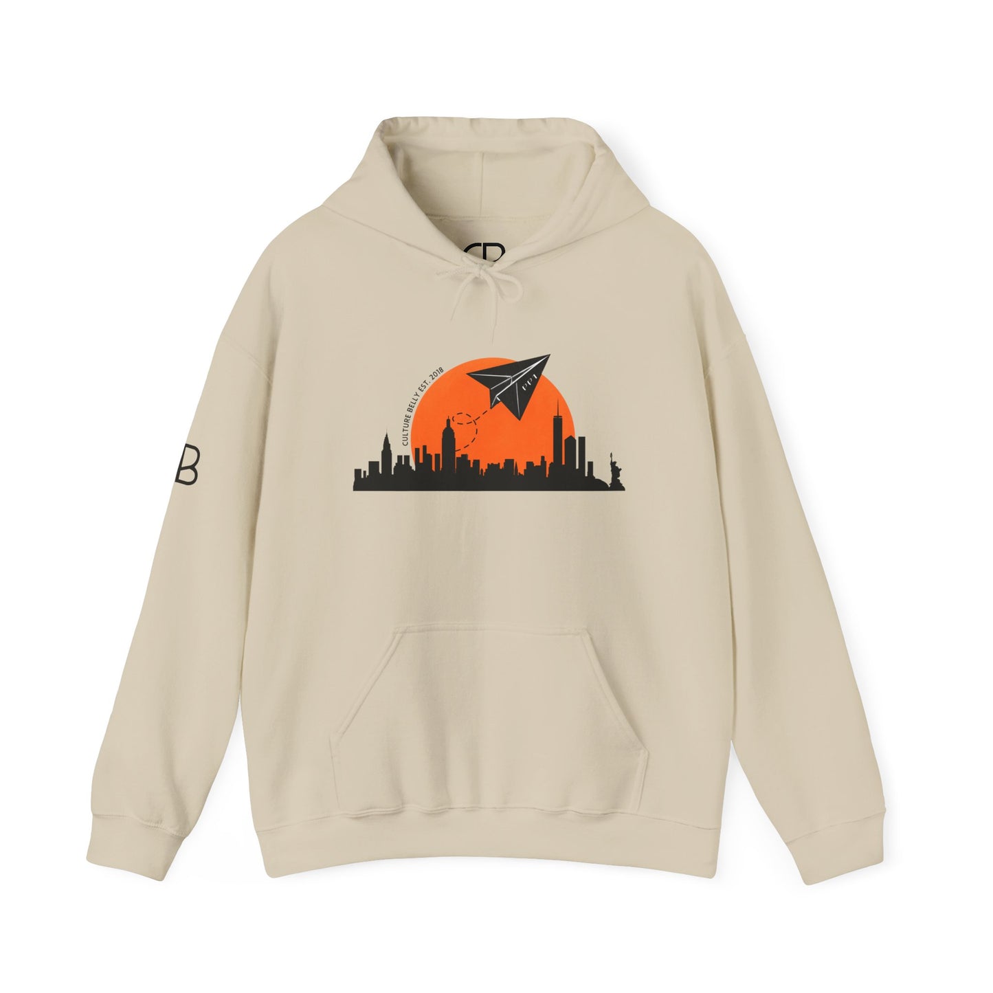 Sand pullover hoodie featuring the Paper Planes graphic with the New York City skyline, orange sunset, and paper airplane on the front.